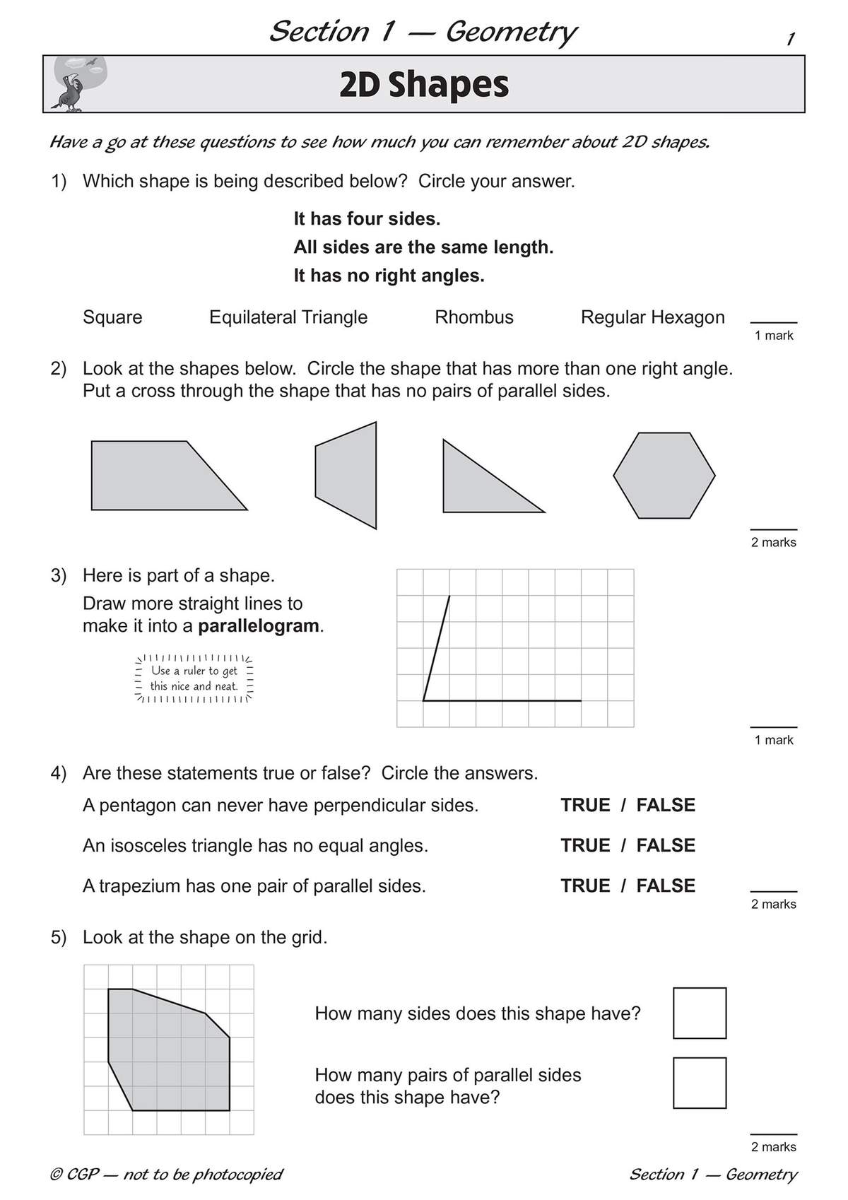 Five questions on 2D shapes, including circling answers, drawing lines to complete a parallelogram, and writing numbers