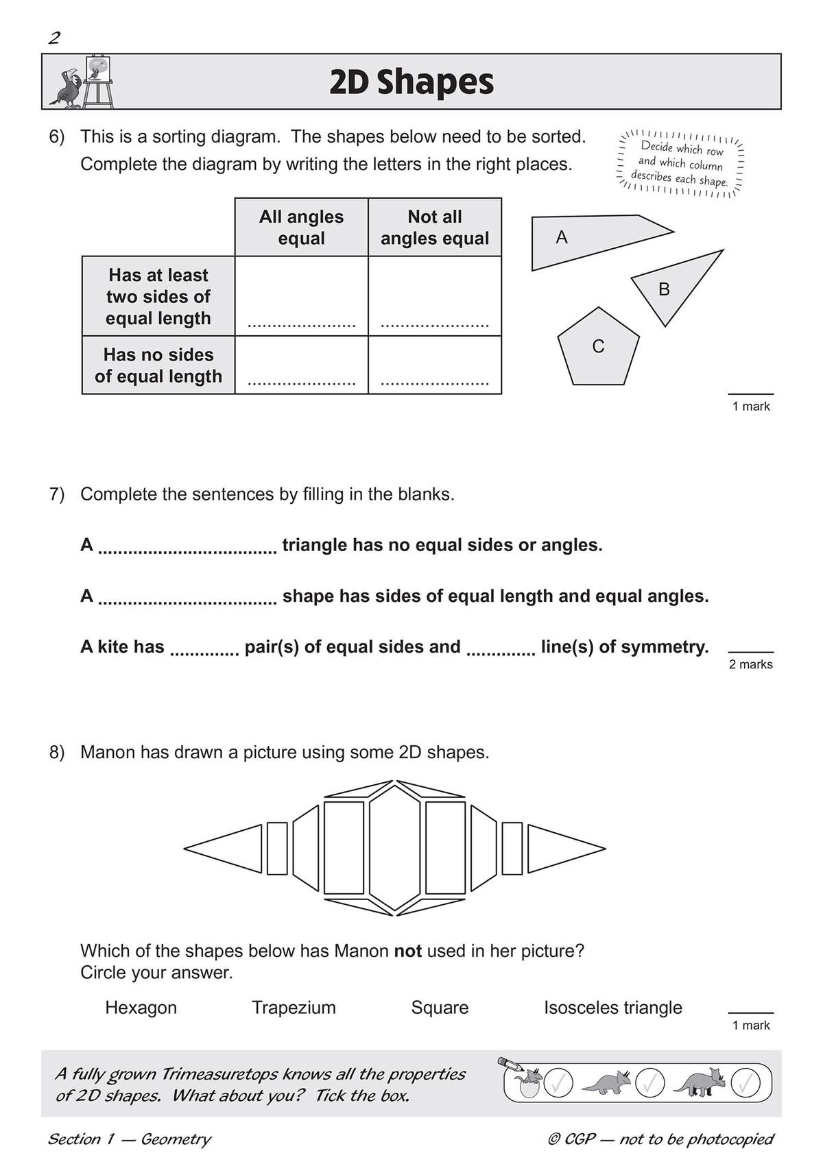 Children sort shapes into a diagram, complete sentences about triangles and kites, and circle the unused shape in a picture