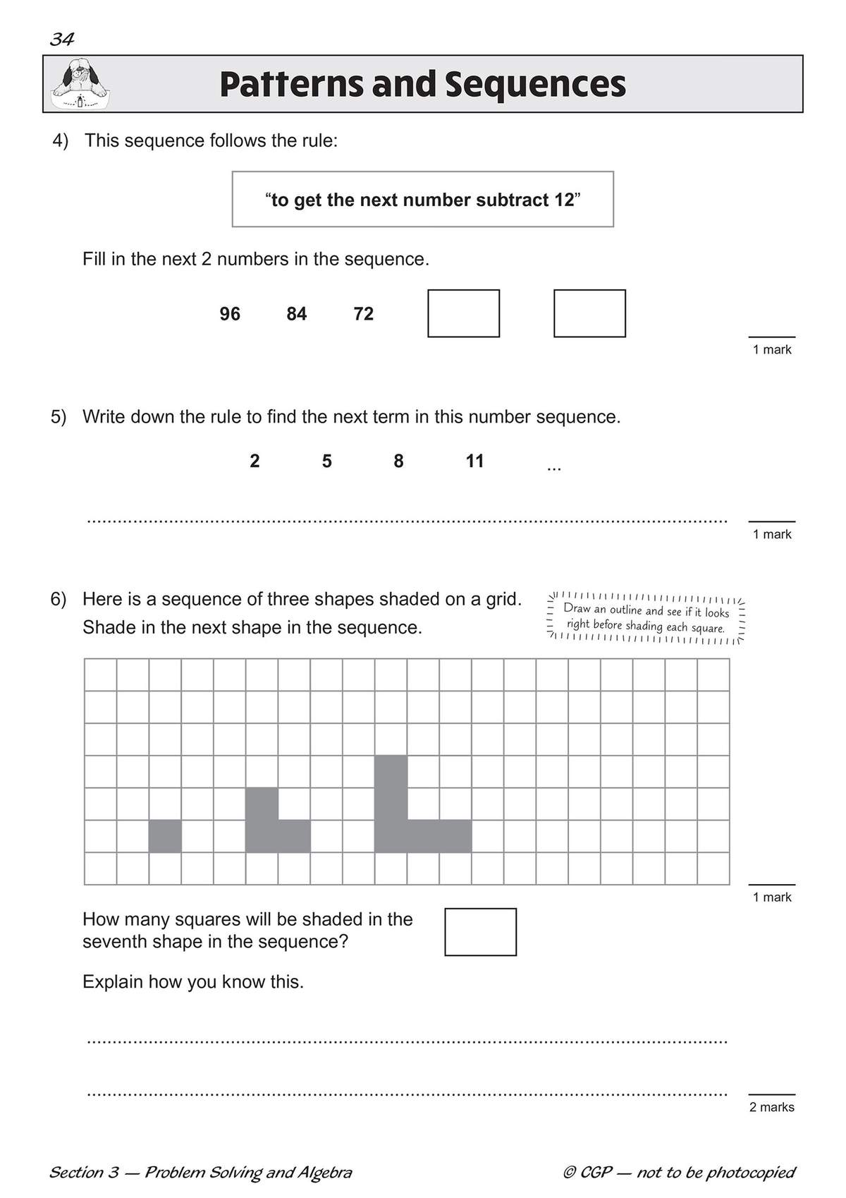 Three questions on number sequences and shapes, requiring children to find rules