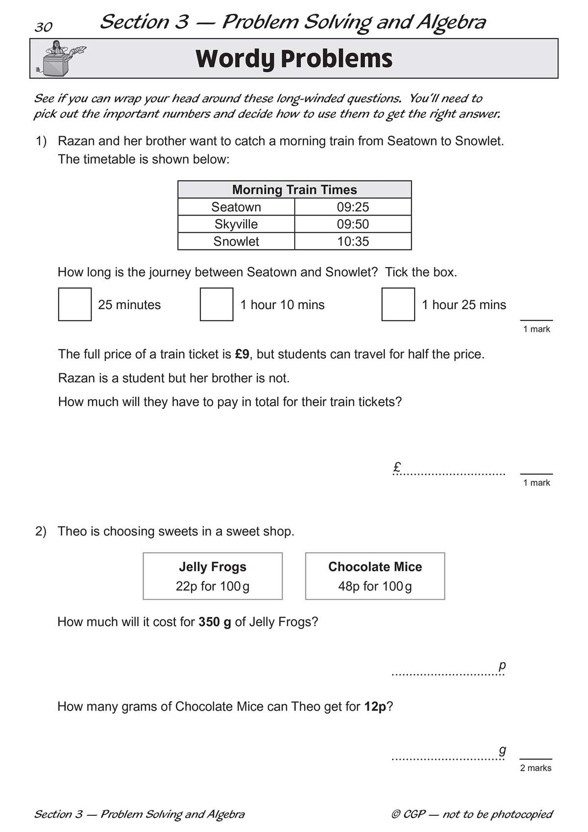 Two word problems on calculating train journey times and ticket costs, plus a sweets pricing calculation