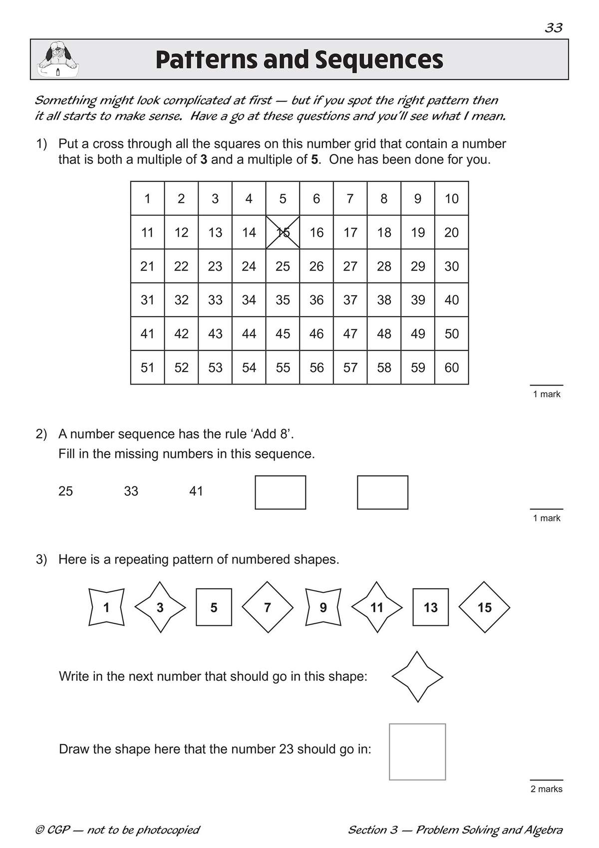 Three questions on multiples, sequences and repeating patterns, with a grid to cross out and boxes to fill in