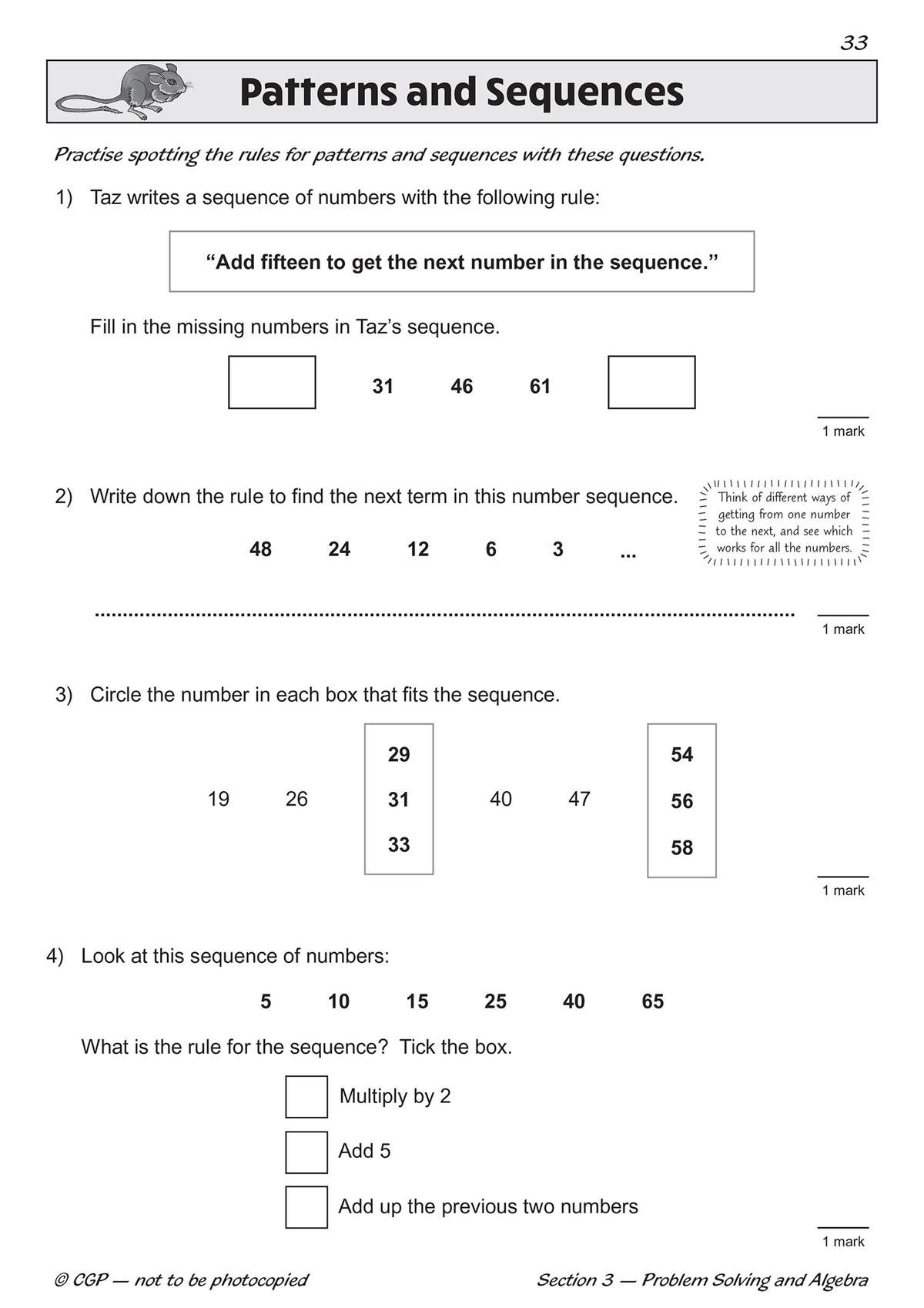 Four questions on number patterns, including filling gaps, writing rules, circling correct numbers