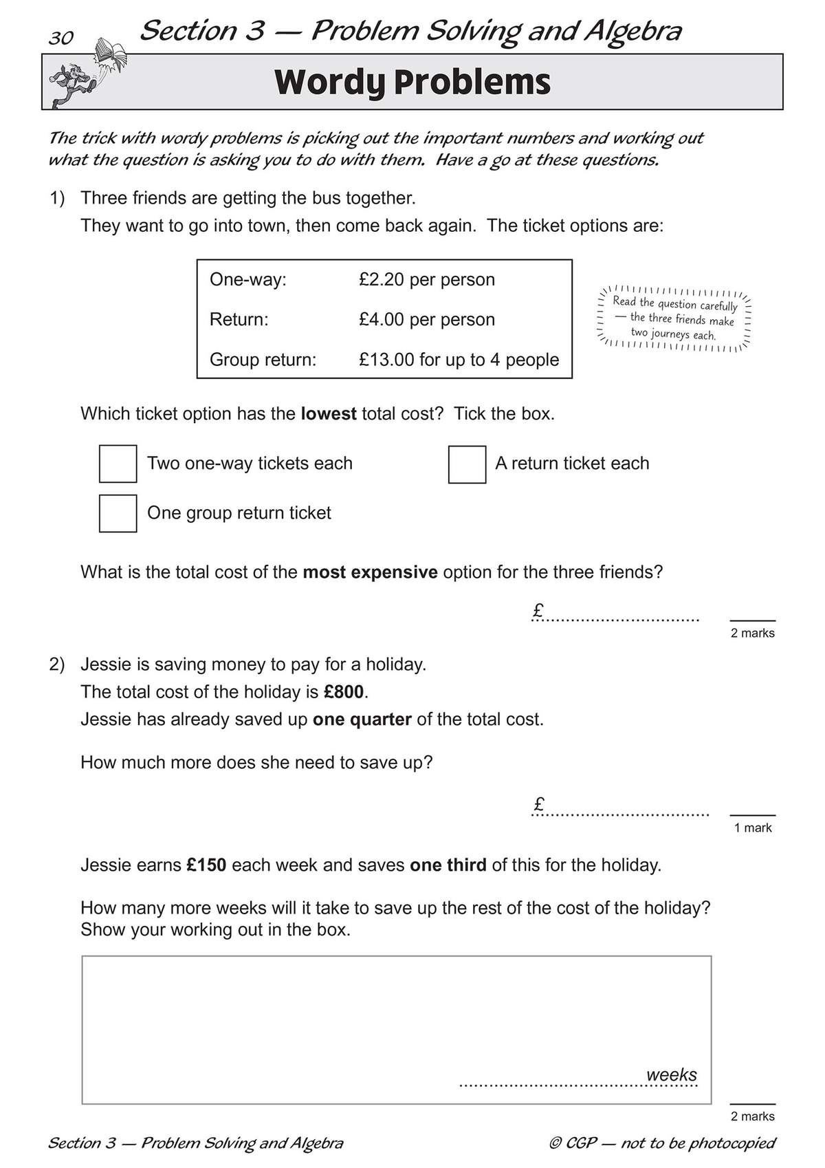 Two word problems on ticket costs and holiday savings, requiring calculations and written working out