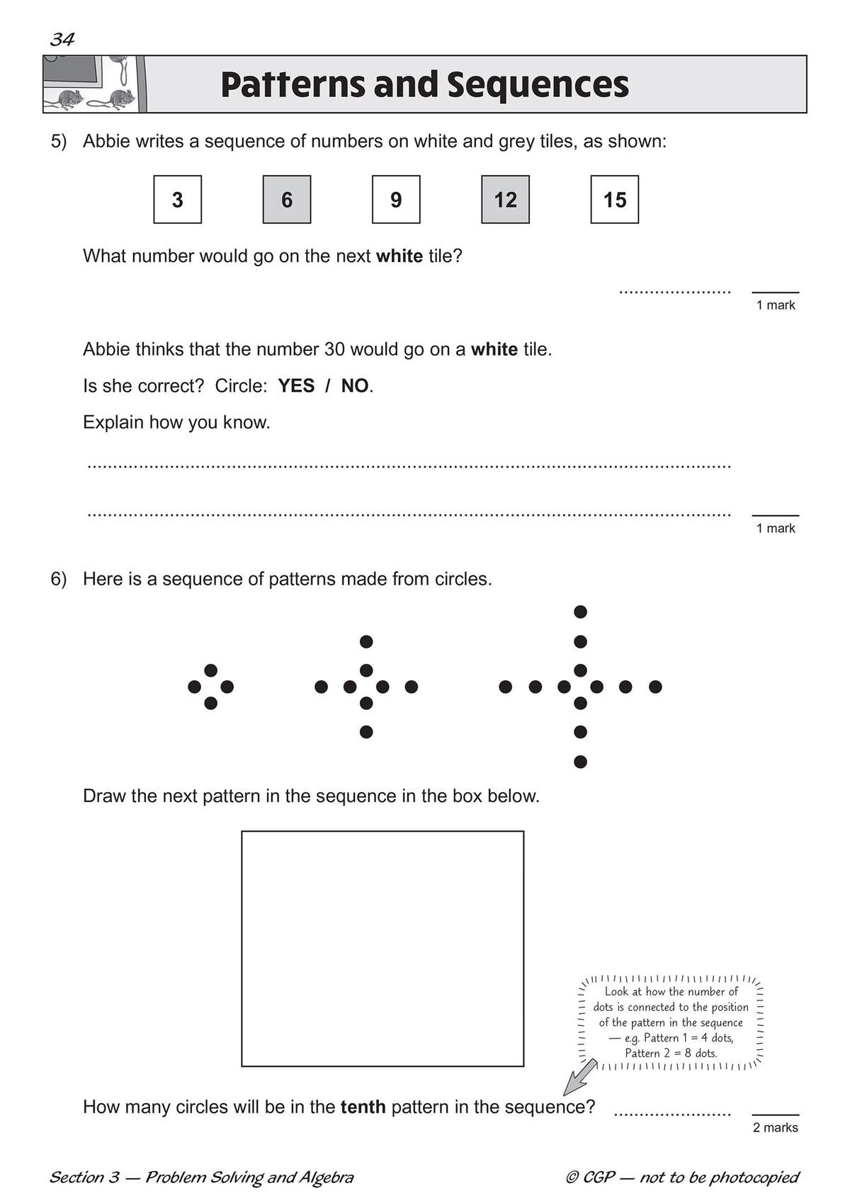 Two questions on number patterns and sequences, including drawing the next shape in a dot pattern and calculating the tenth