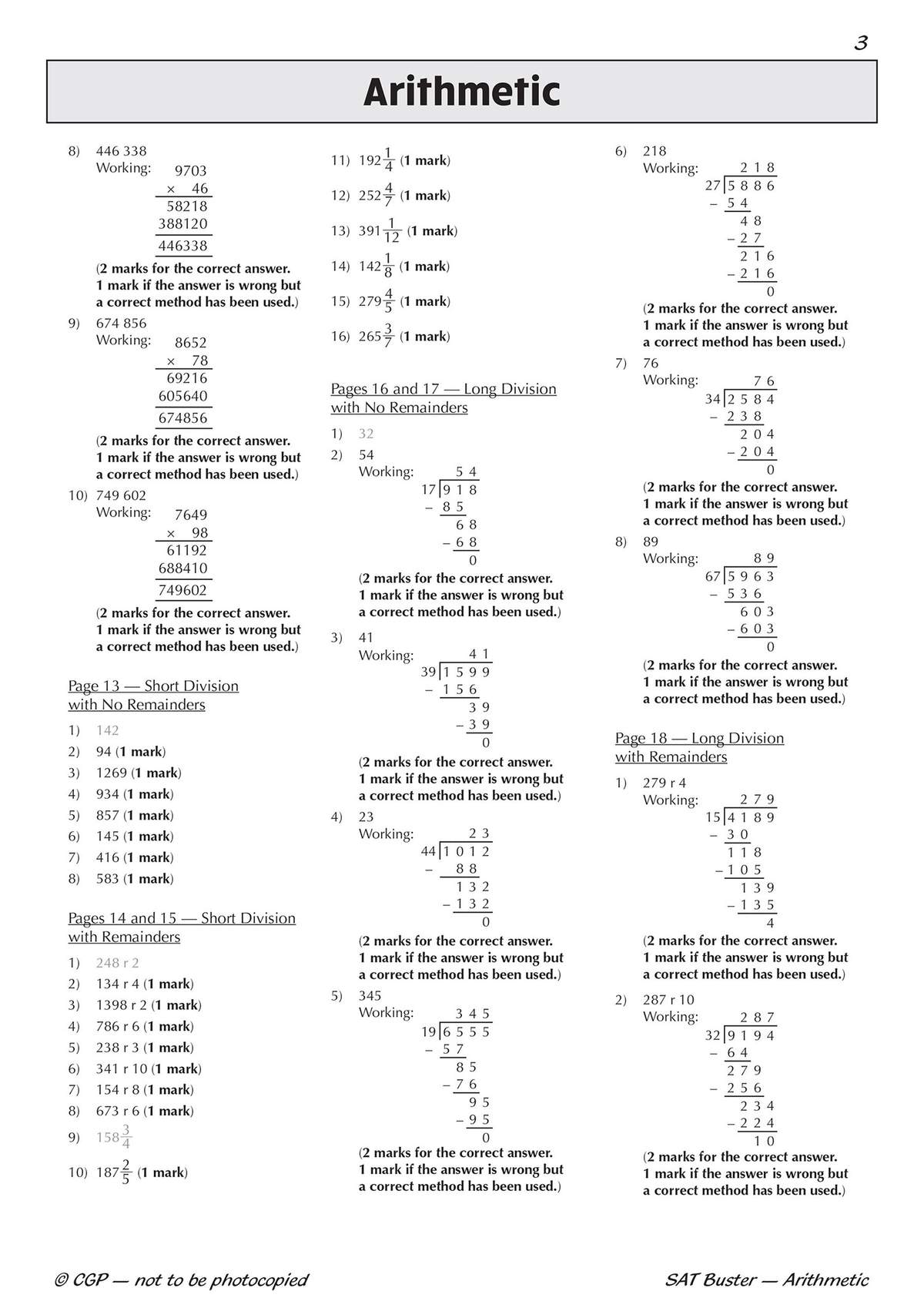 Full worked solutions for division and multiplication questions, with marks awarded for correct methods