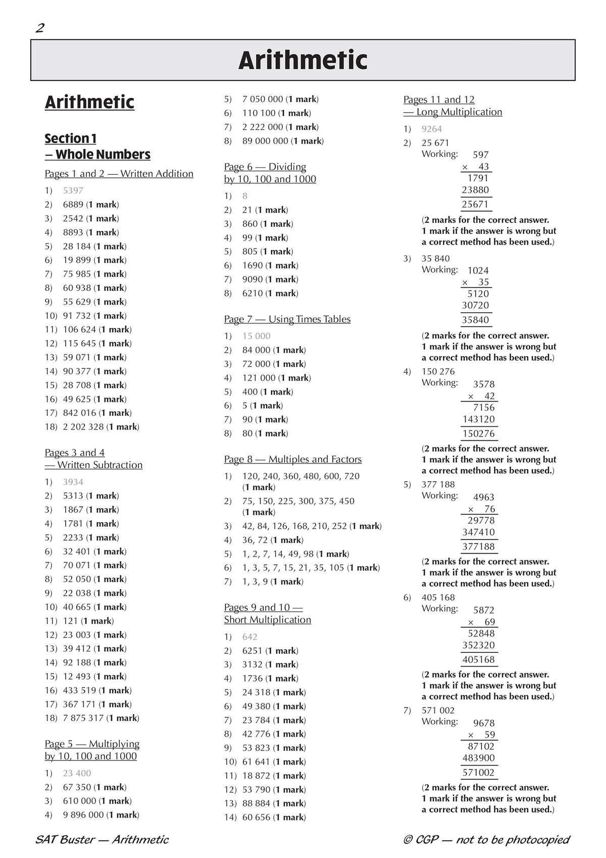 A dense page of Year 6 SAT arithmetic questions, including long multiplication and division, with mark schemes for each