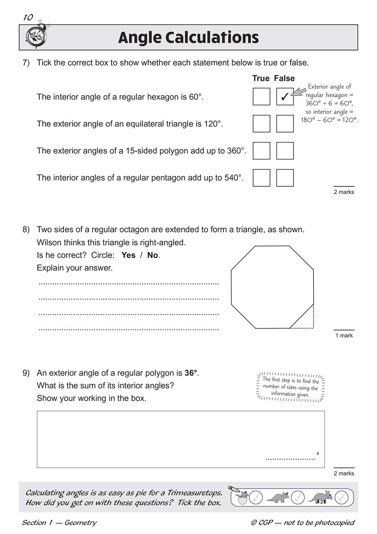 Children tick true or false for angle facts, circle Yes or No for a diagram, and show working for a polygon angle sum