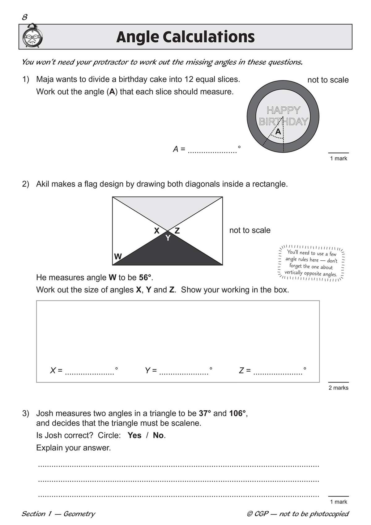 Three geometry problems on angles, including a cake slice, a rectangle with diagonals, and a triangle