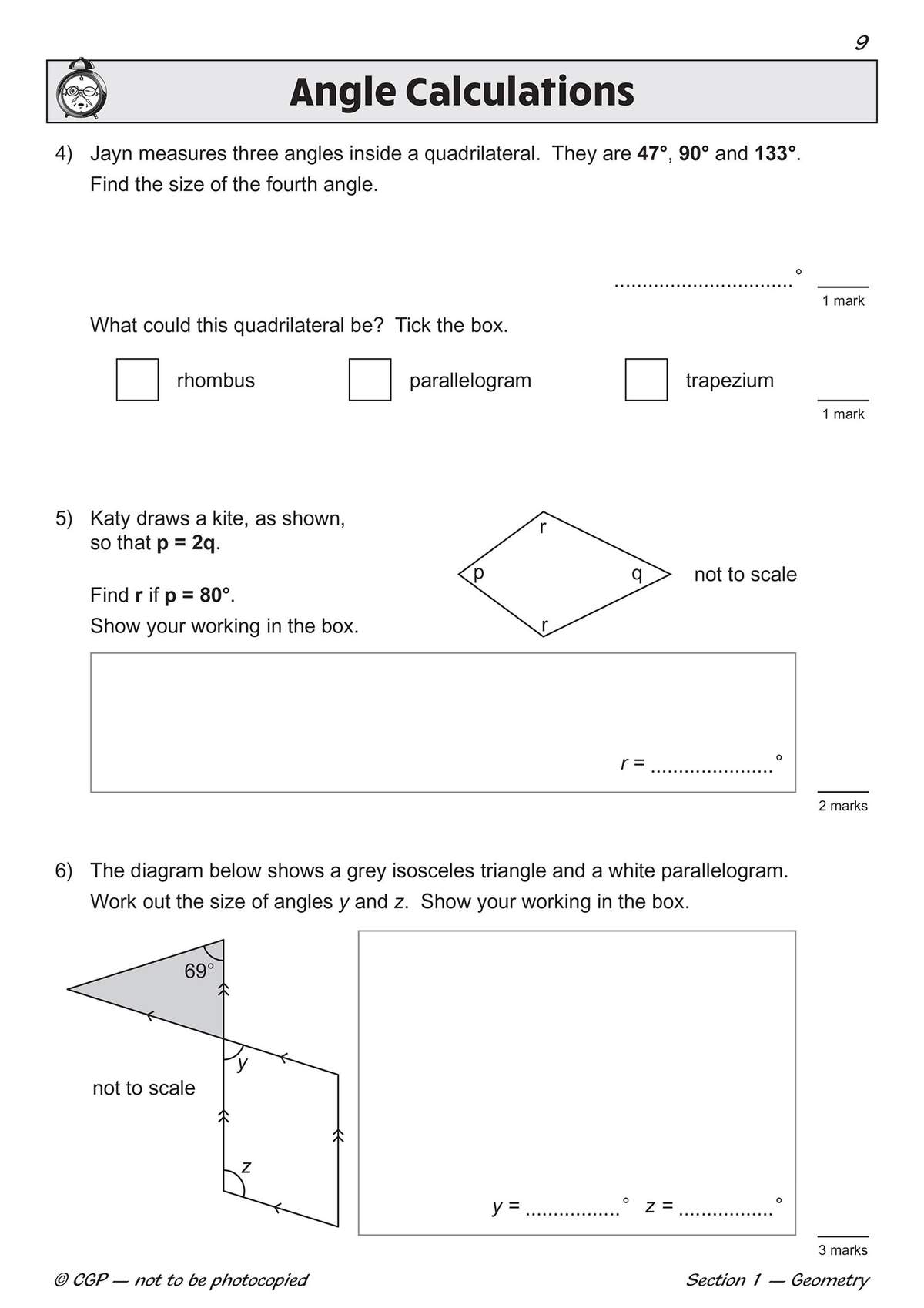 Three geometry problems on angles in quadrilaterals and polygons, requiring calculations and tick-box choices