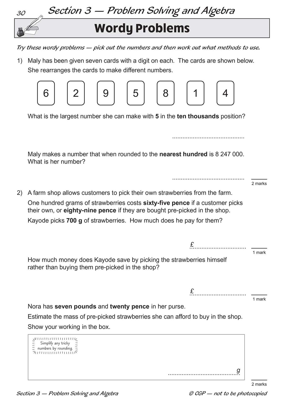 Six word problems on number and algebra, including rearranging digits and calculating costs, with space to show working