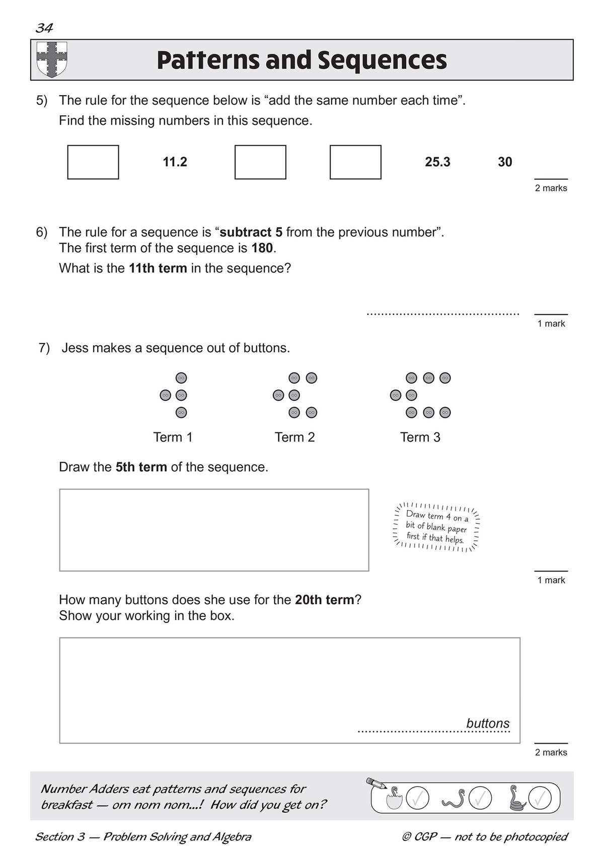 Three questions on number sequences, including decimals and a visual pattern with buttons to draw and calculate