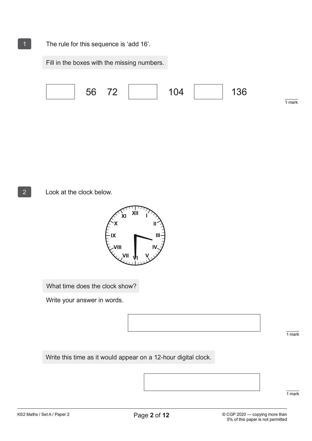 Two questions on number sequences and reading a clock face, with boxes to fill in and lines for written answers