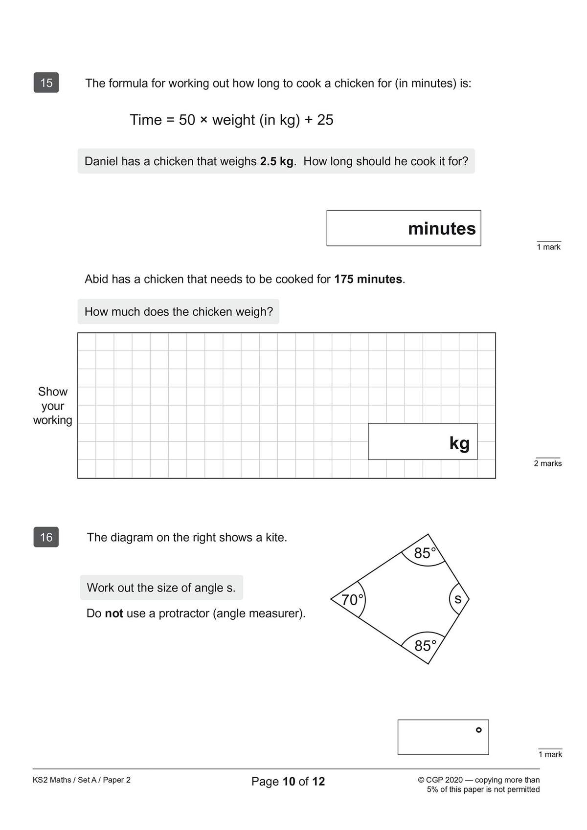 Two maths problems on cooking times and angles, requiring formula application and geometric reasoning