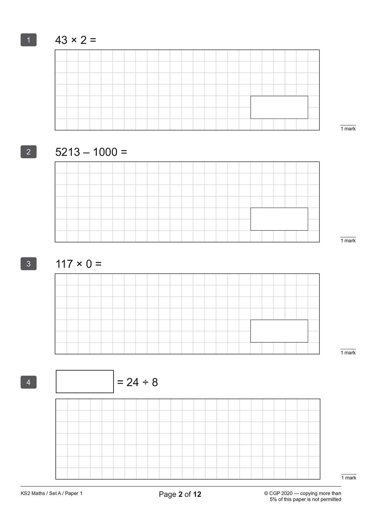 Four short calculation questions on multiplication, subtraction and division, each with a box for the answer
