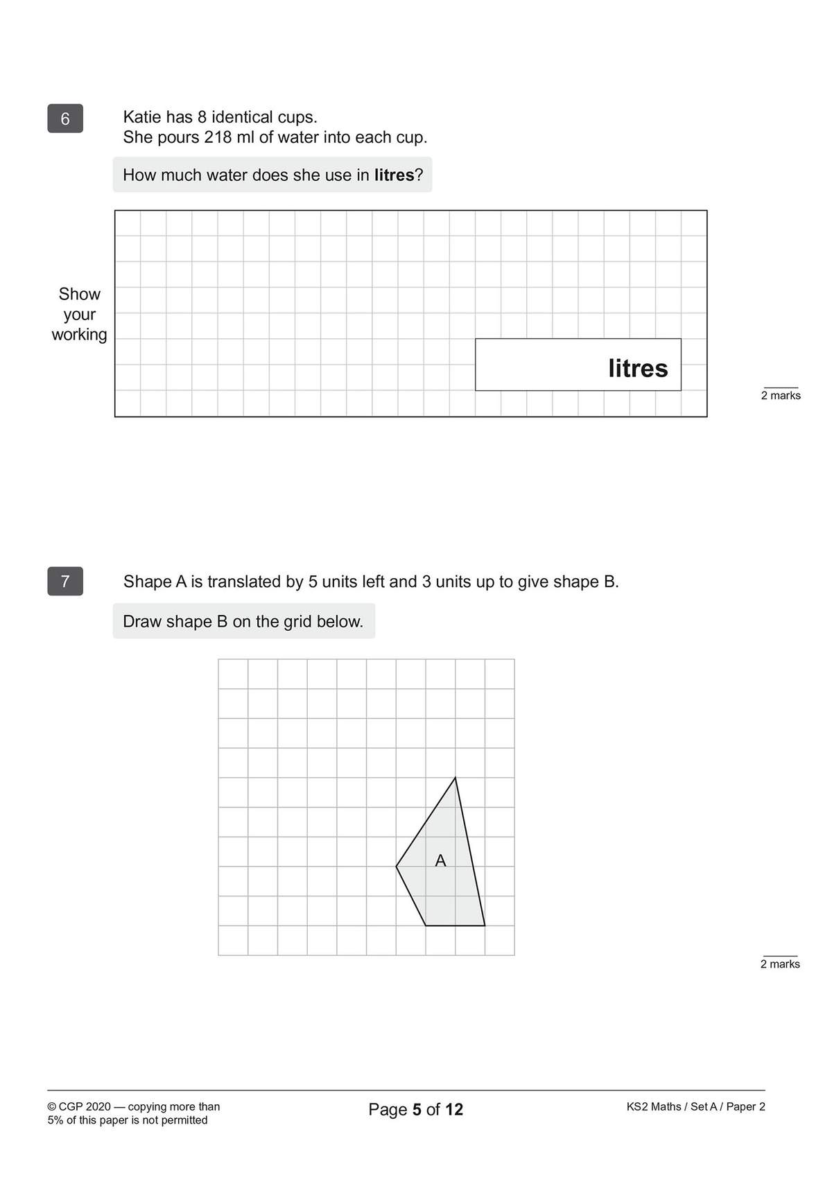 Two questions on volume and geometry, requiring calculations and drawing a translated shape on a grid