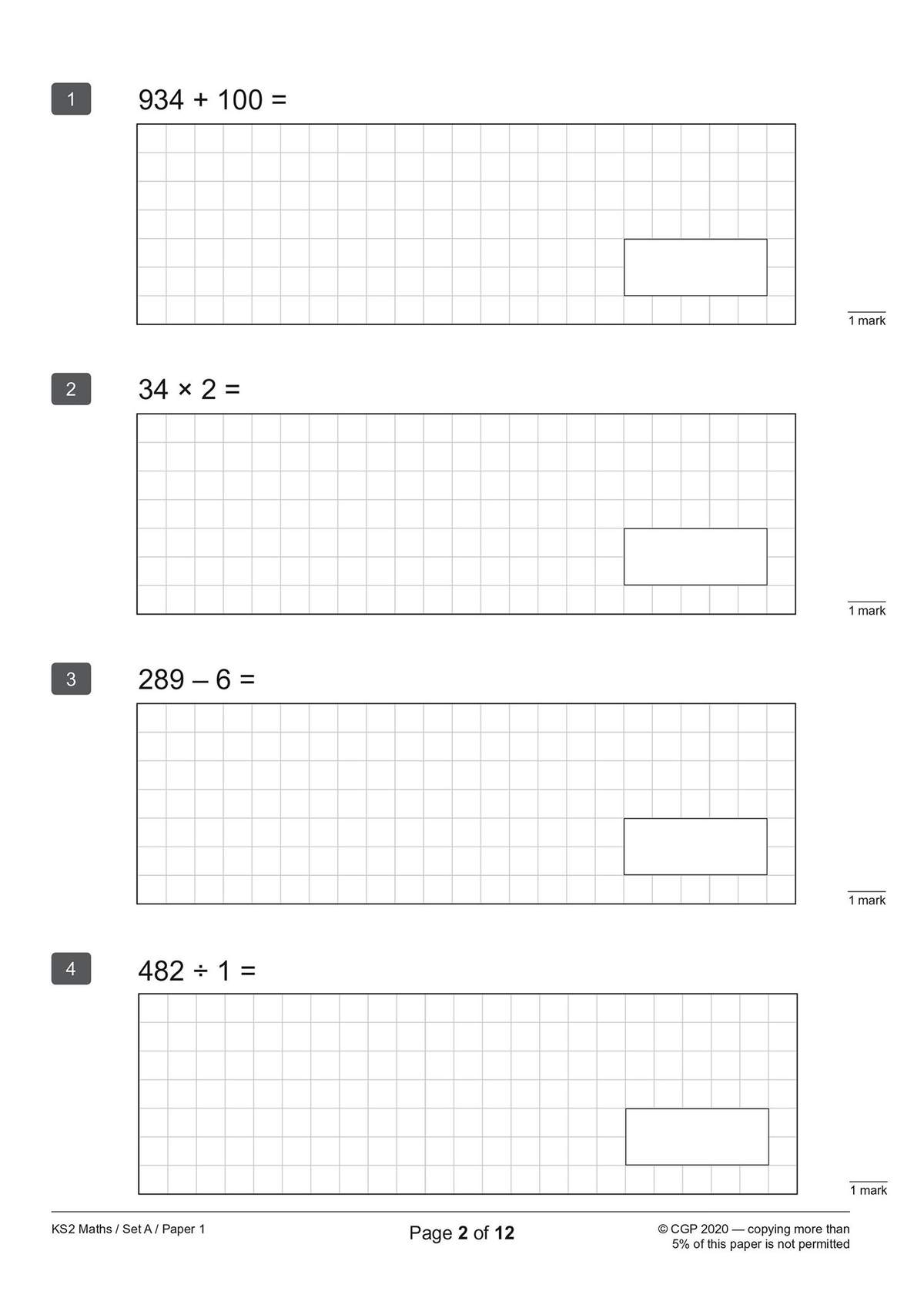 Four calculation questions on a grid, testing addition, subtraction, multiplication and division for Year 6