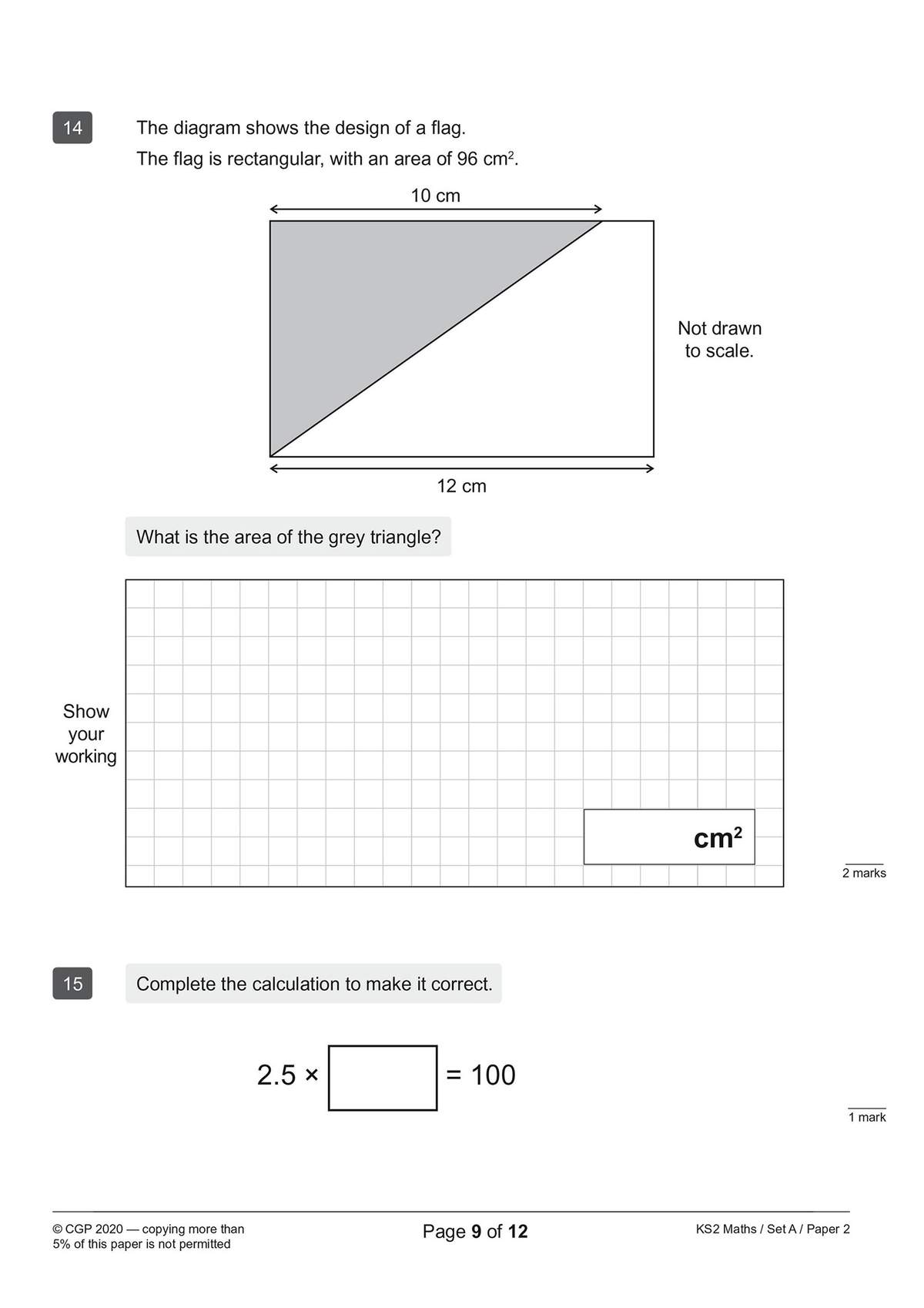 Two maths questions on area and calculation, with a diagram and a grid for working out answers