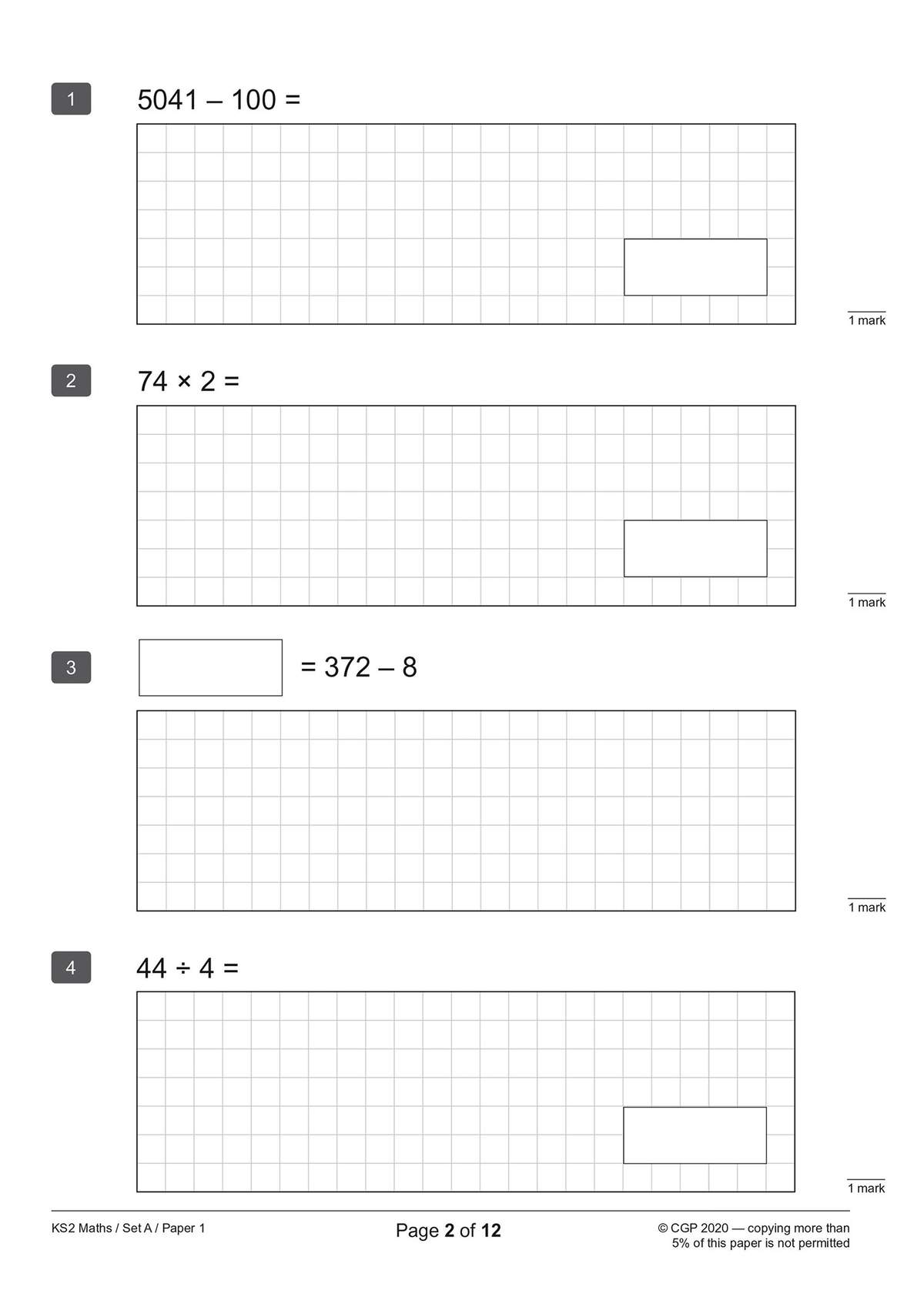 Four calculation questions on subtraction, multiplication, division and a missing number problem
