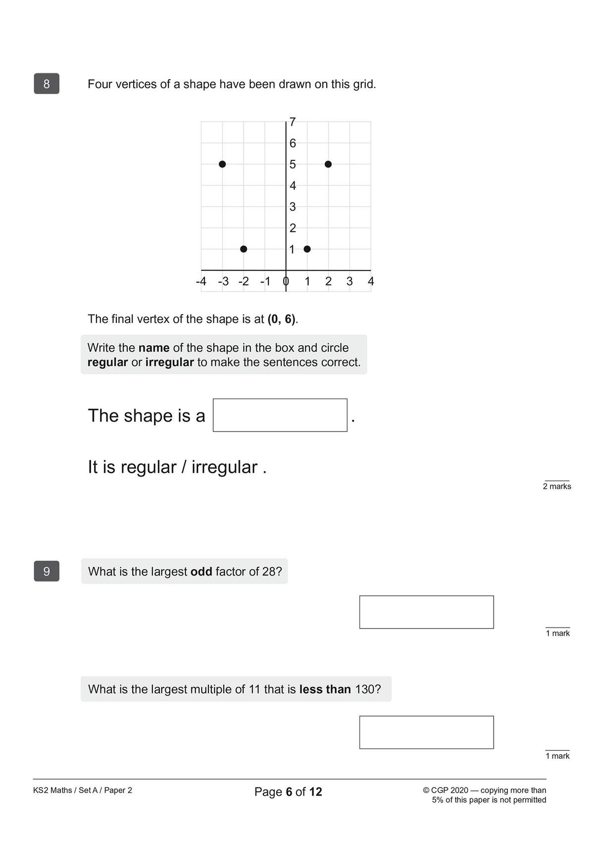 Two short maths questions on a grid and number facts, with boxes to write answers and a shape to circle