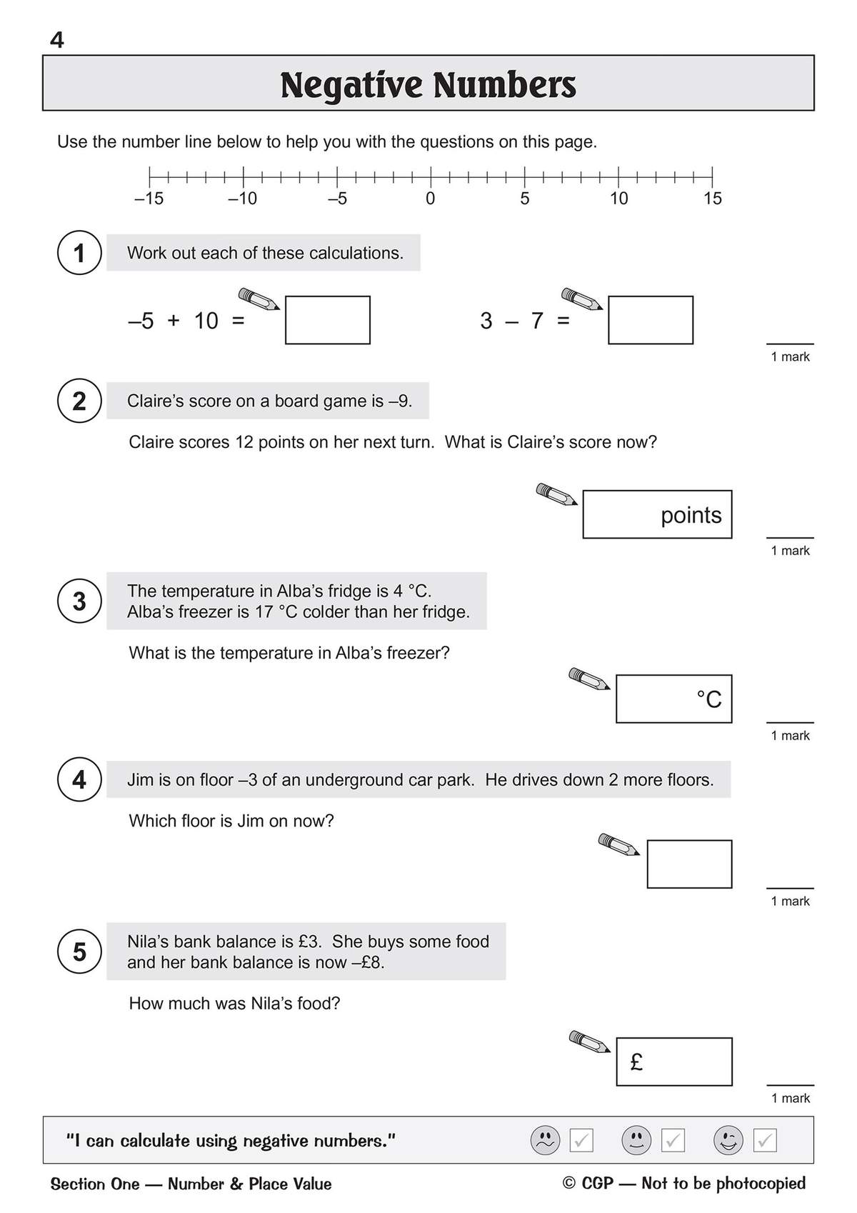 Five questions on negative numbers using a number line, including calculations and word problems about temperature and bank