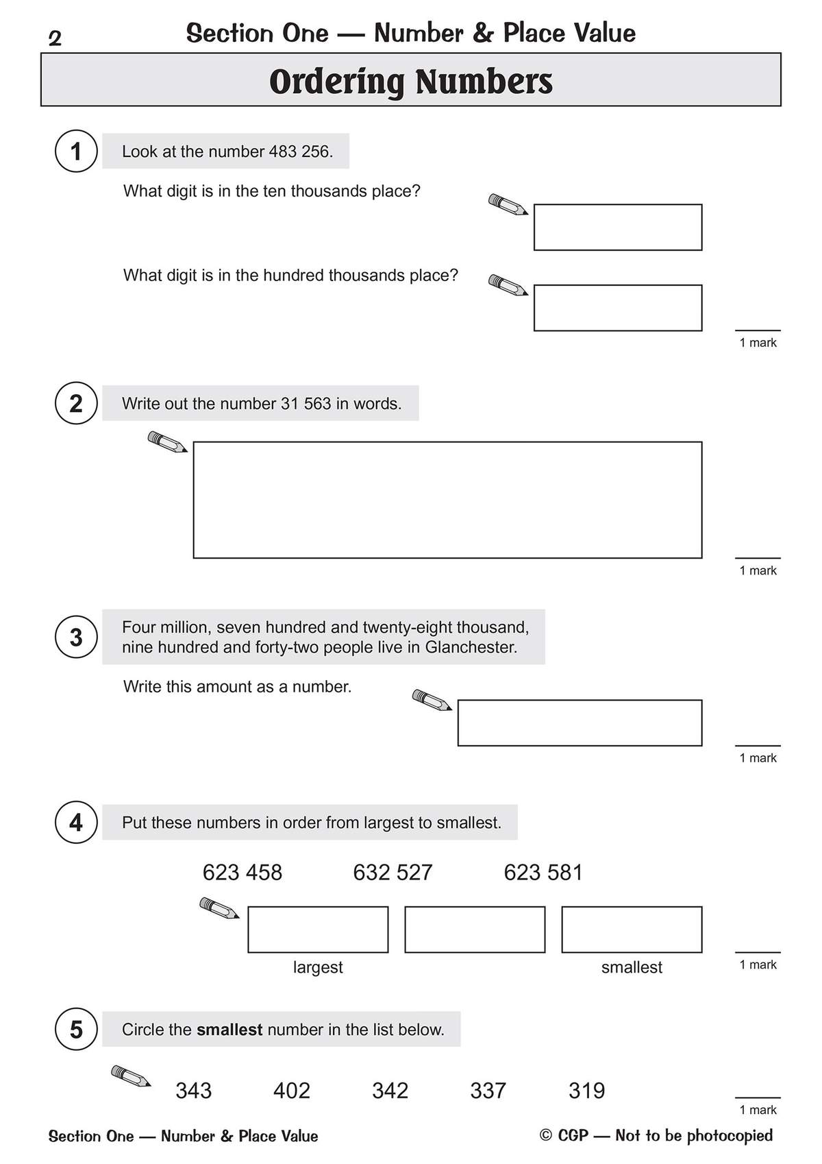 Five questions on ordering numbers and place value, including writing numbers in words and circling the smallest number
