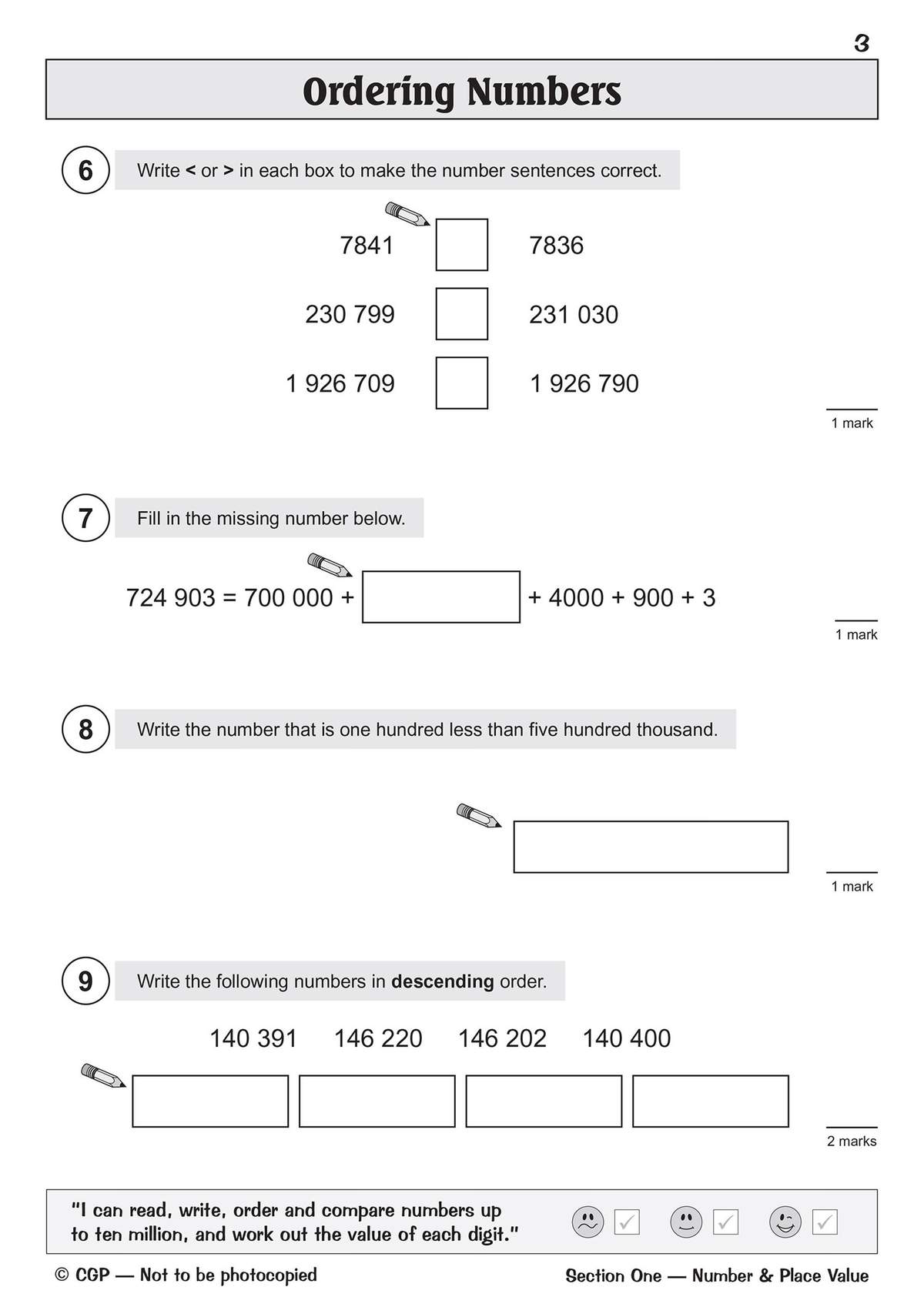Four questions on ordering numbers and place value, including writing symbols and arranging figures in descending order