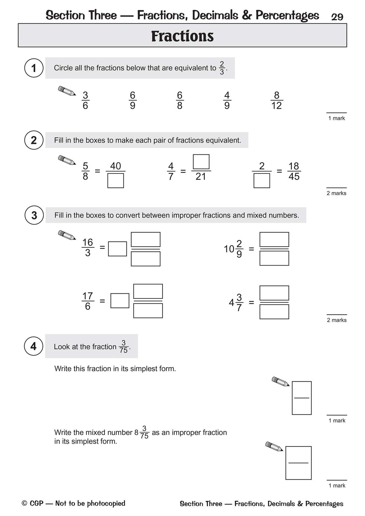 Four exercises on fractions, including circling equivalents, filling in missing numbers