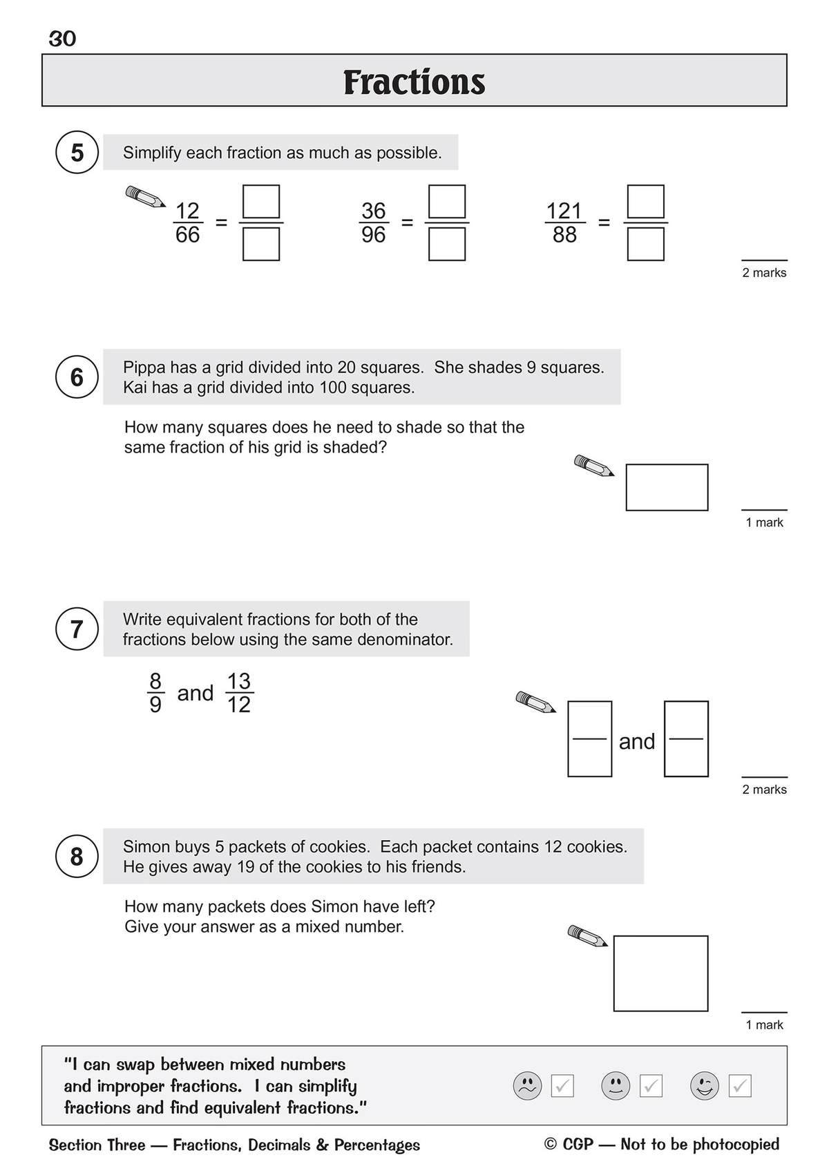 Four fraction questions on simplifying, equivalent fractions and mixed numbers