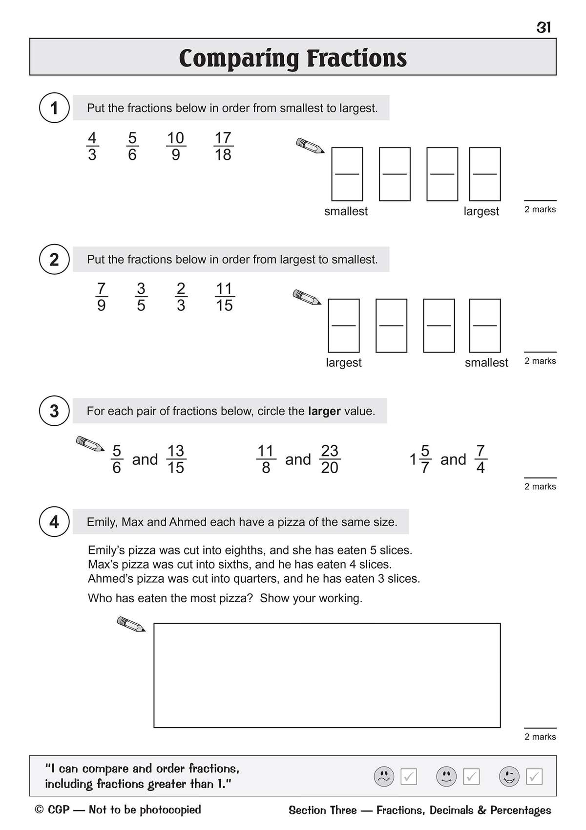Four questions on comparing fractions, including ordering sets and a word problem about pizza slices