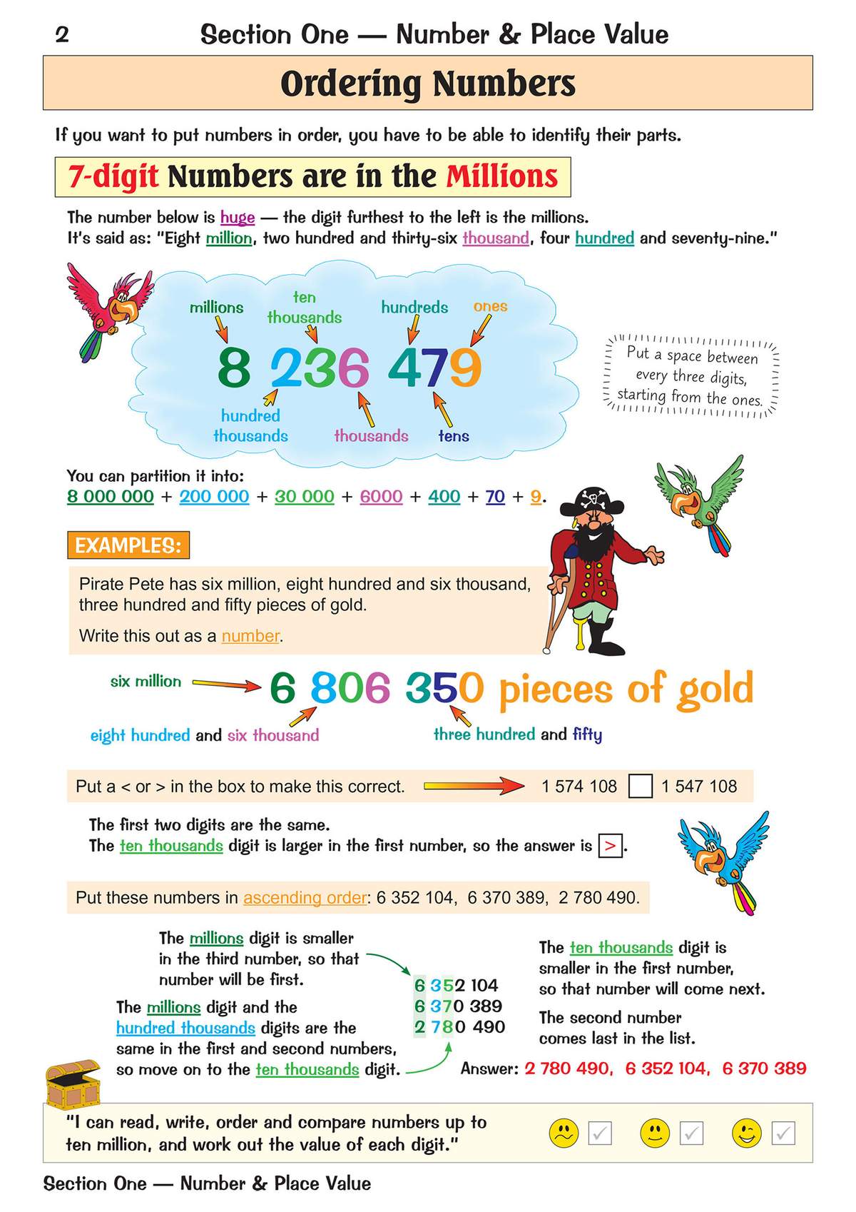 A pirate-themed page explains how to order 7-digit numbers using place value