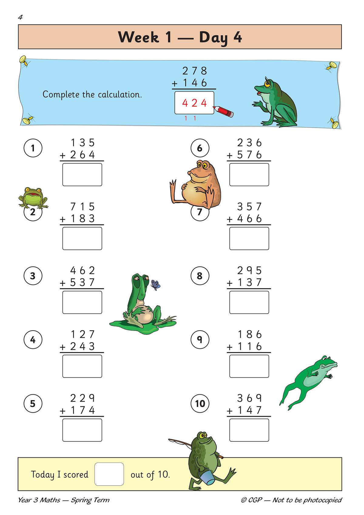 Ten addition sums for Year 3 pupils to complete, with a self-scoring box at the bottom