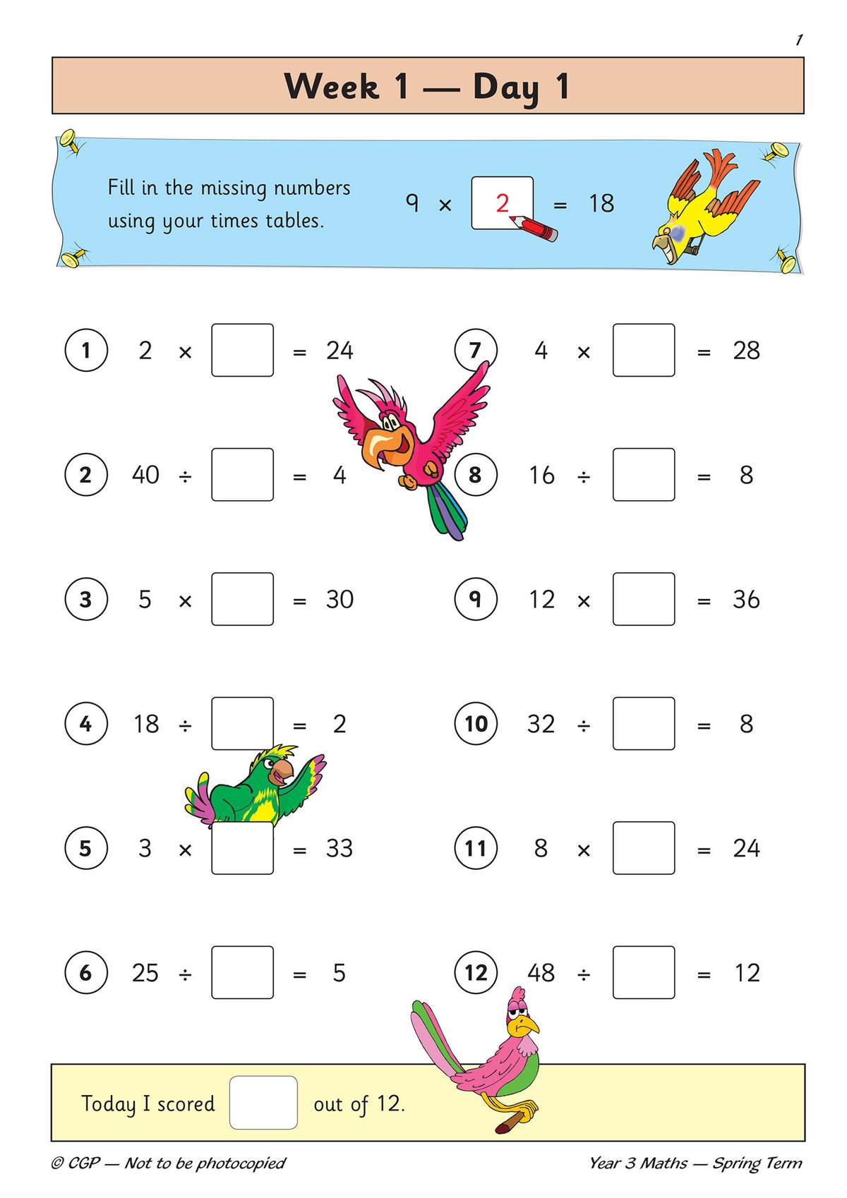 Children fill in missing numbers in 12 multiplication and division equations, then tick a box to record their score out of 12