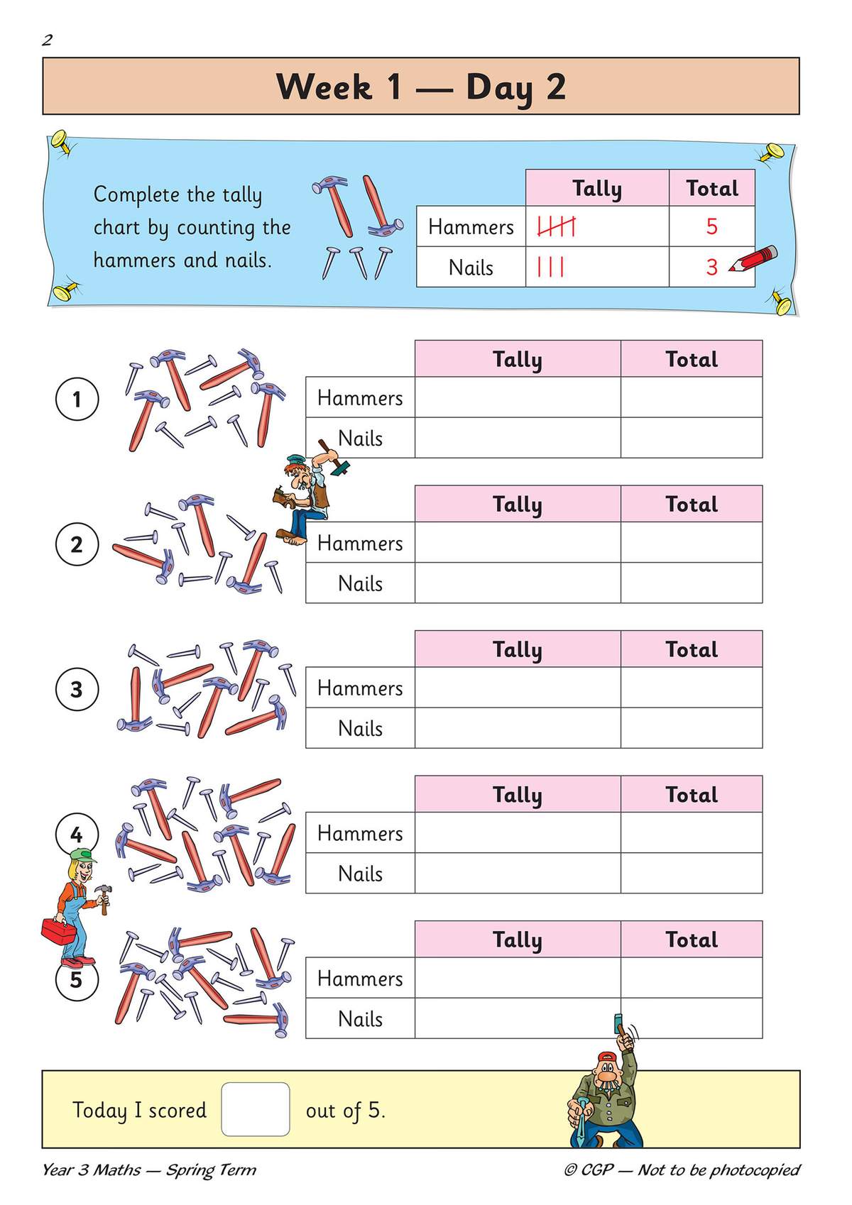 Children count hammers and nails in five scenes, fill in tally marks and totals, then score their work