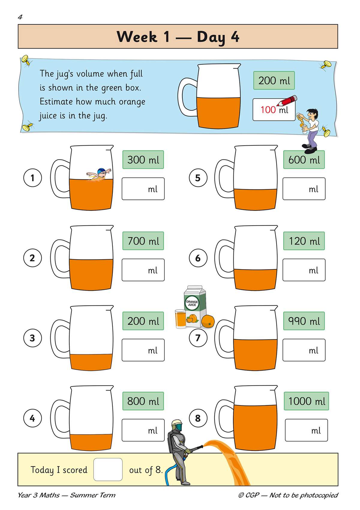 Children estimate the volume of orange juice in eight jugs based on a visual scale, then tick a box to record their score