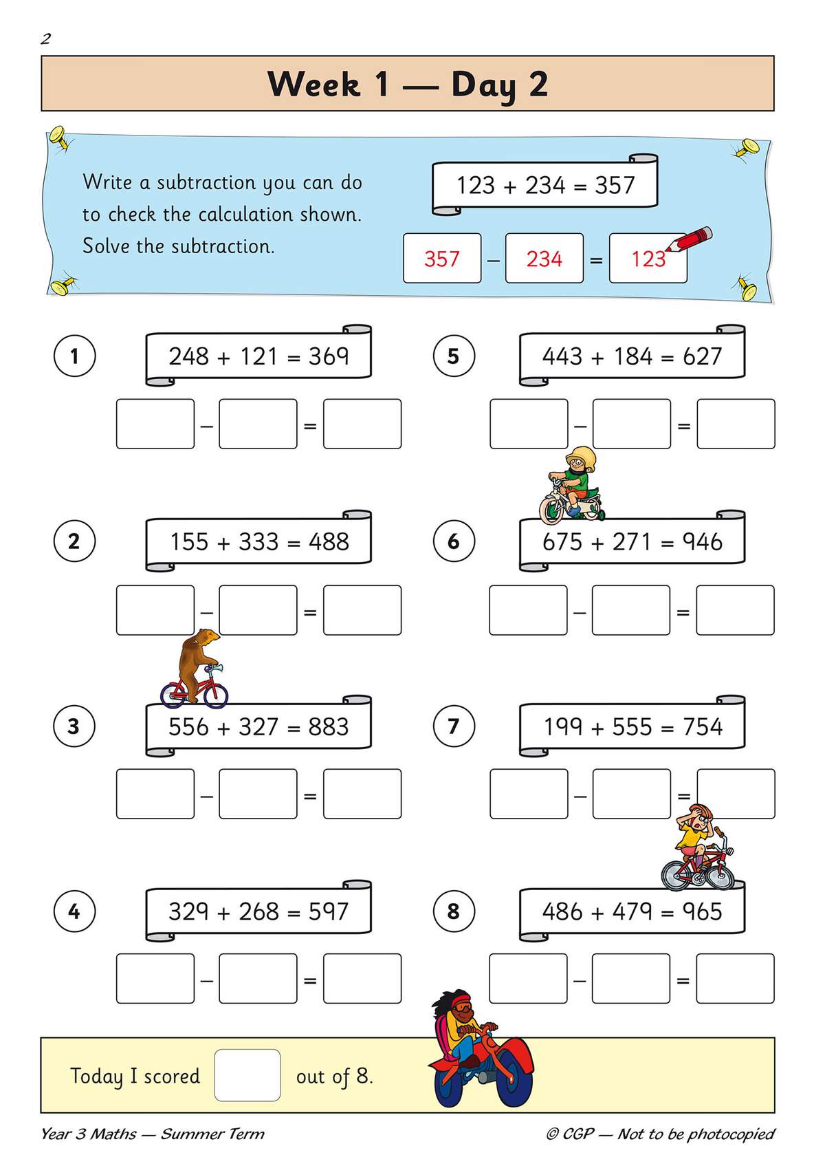 Children write subtraction equations to check given addition sums, then solve them in boxes