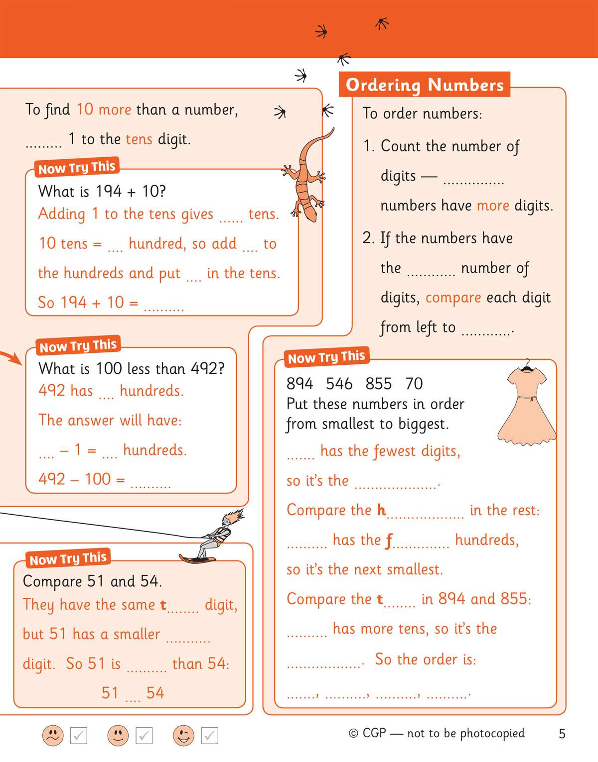 Children fill in blanks and order four numbers from smallest to biggest, using place value to compare digits