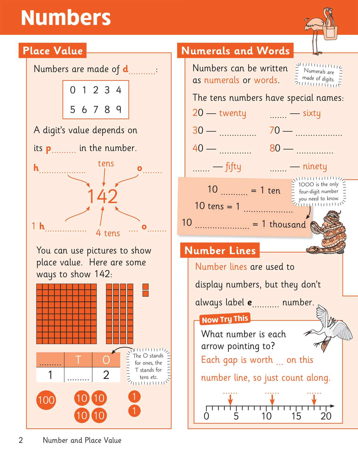 A page teaching place value with diagrams and number lines, plus fill-in-the-blank exercises to test understanding