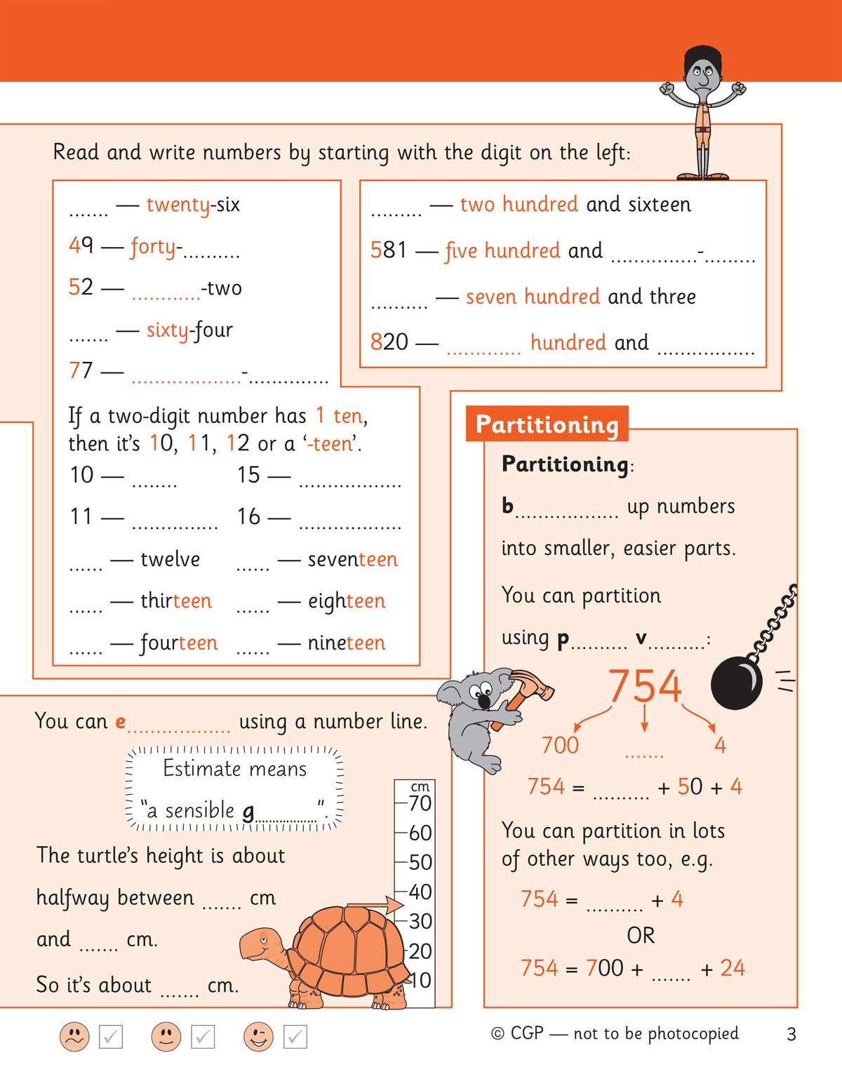 Clear notes on partitioning numbers and estimating with a number line, using a turtle to show height measurement