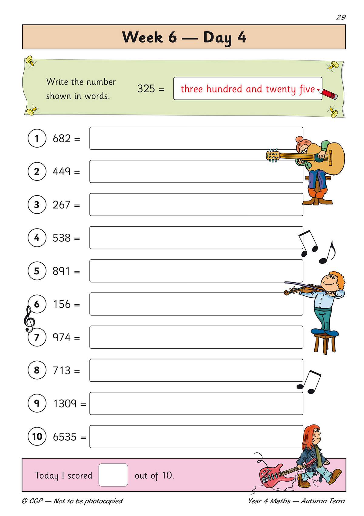 Children write ten three-digit numbers in words, with a self-scoring box at the bottom