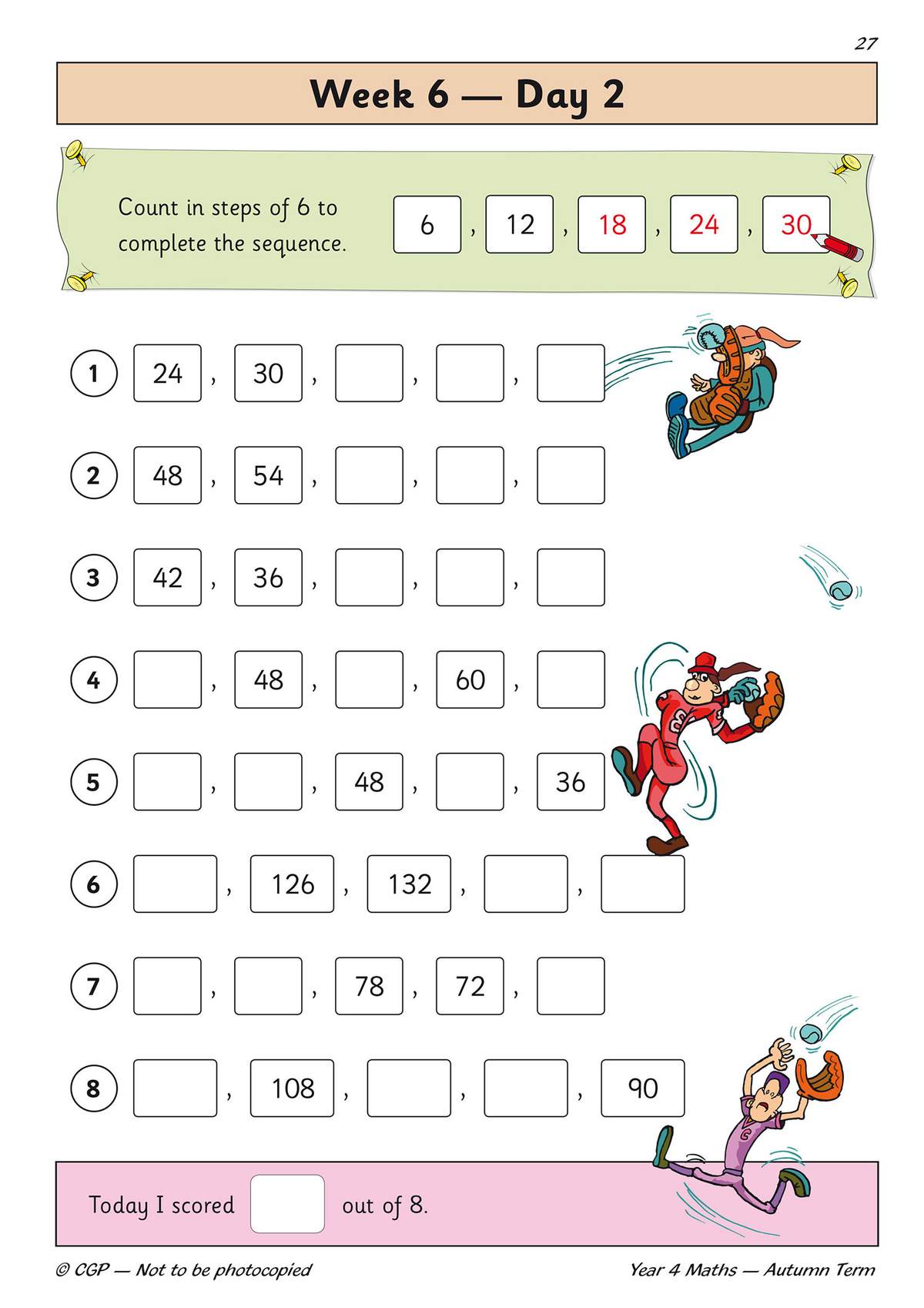 Children complete eight number sequences by counting in steps of 6, with boxes to fill in the missing numbers