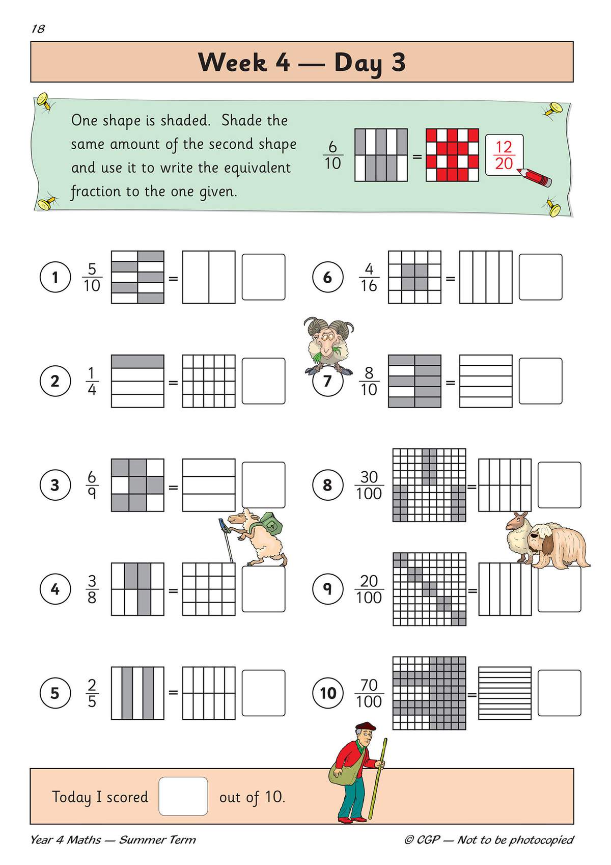 Ten fraction problems where children shade grids to find equivalent fractions and write the answers in boxes