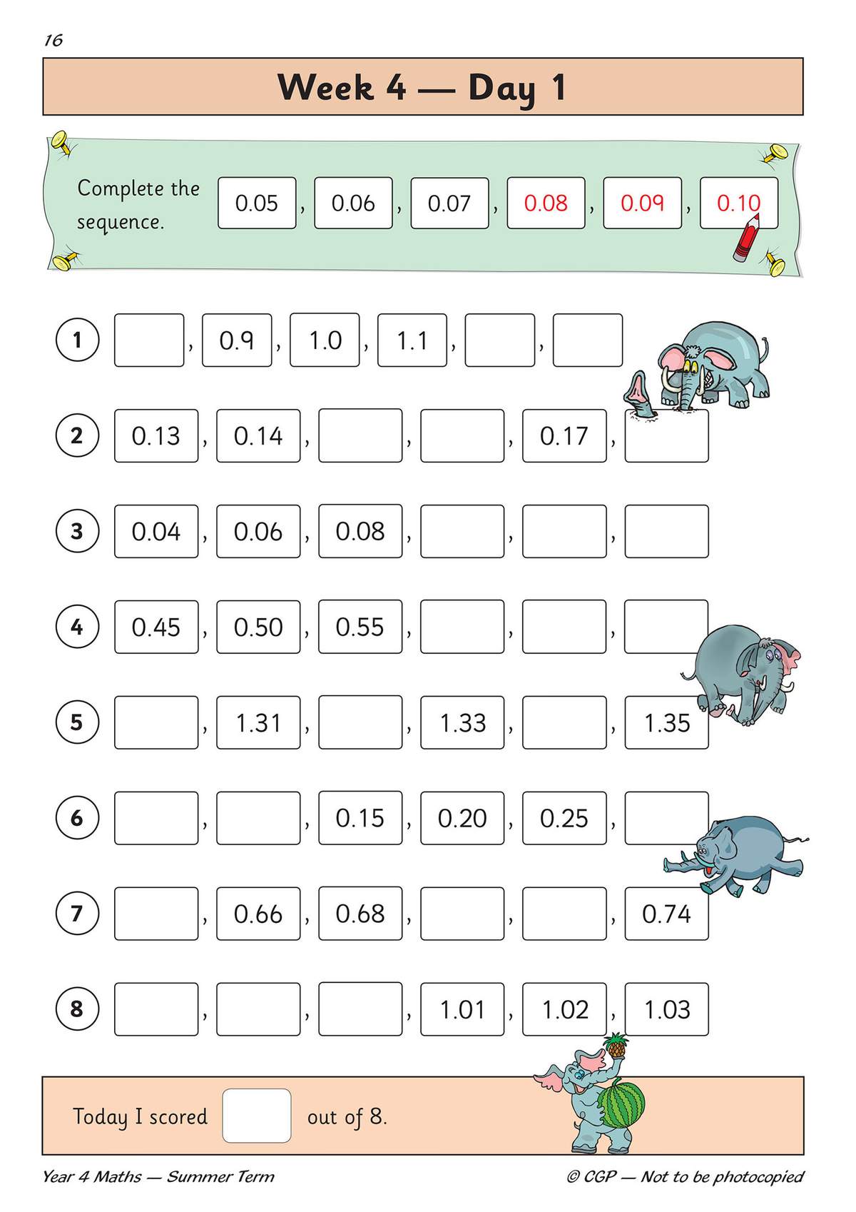 Children complete eight decimal number sequences, filling in missing values to build fluency with tenths and hundredths