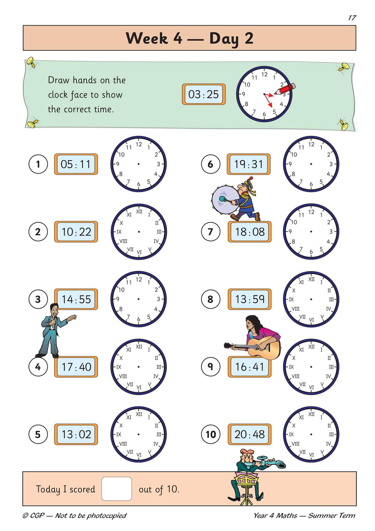 Children draw hands on ten blank clocks to match digital times, with a score box at the bottom