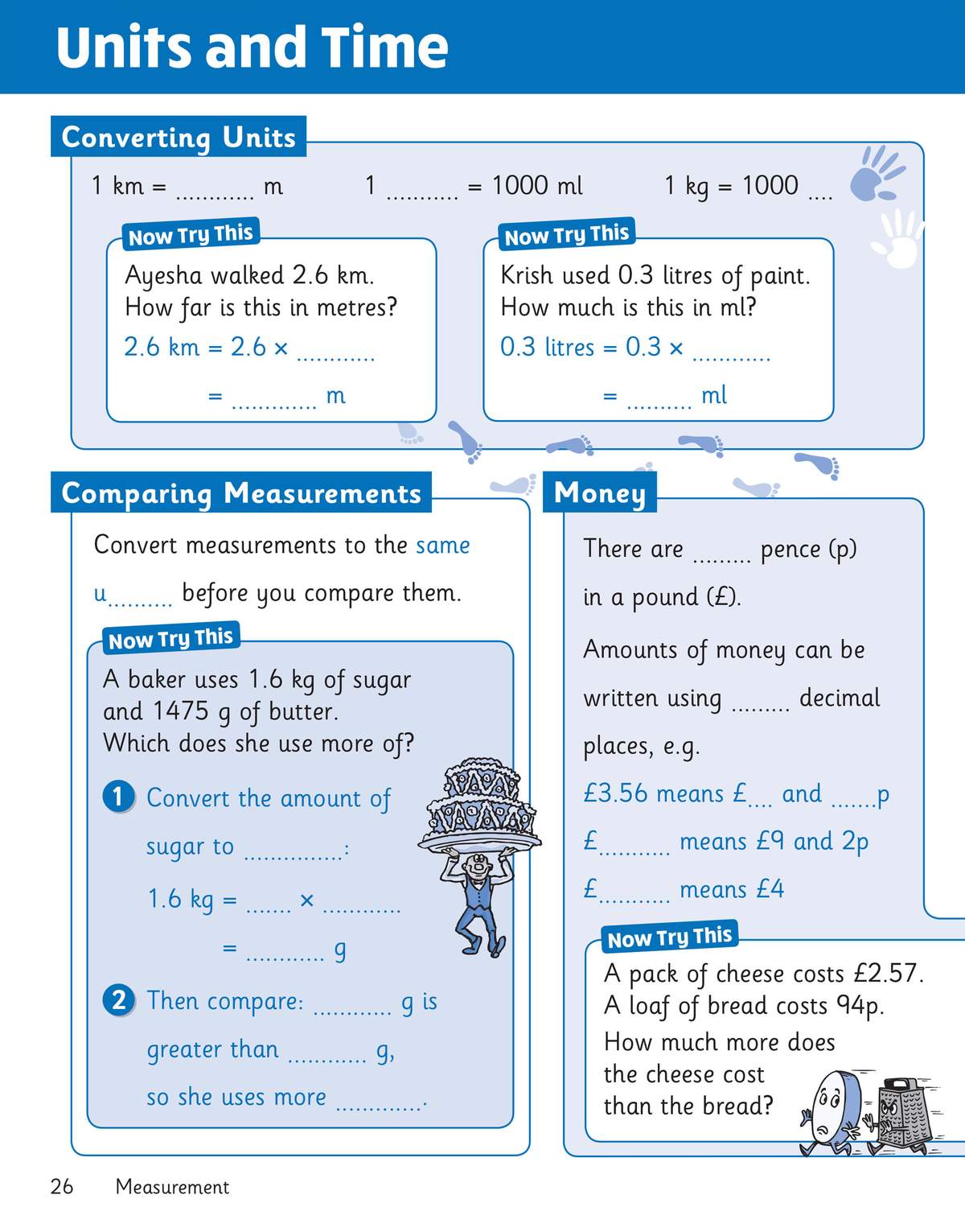 Children convert units of length, volume and mass, then compare weights and costs using fill-in-the-blank boxes and short