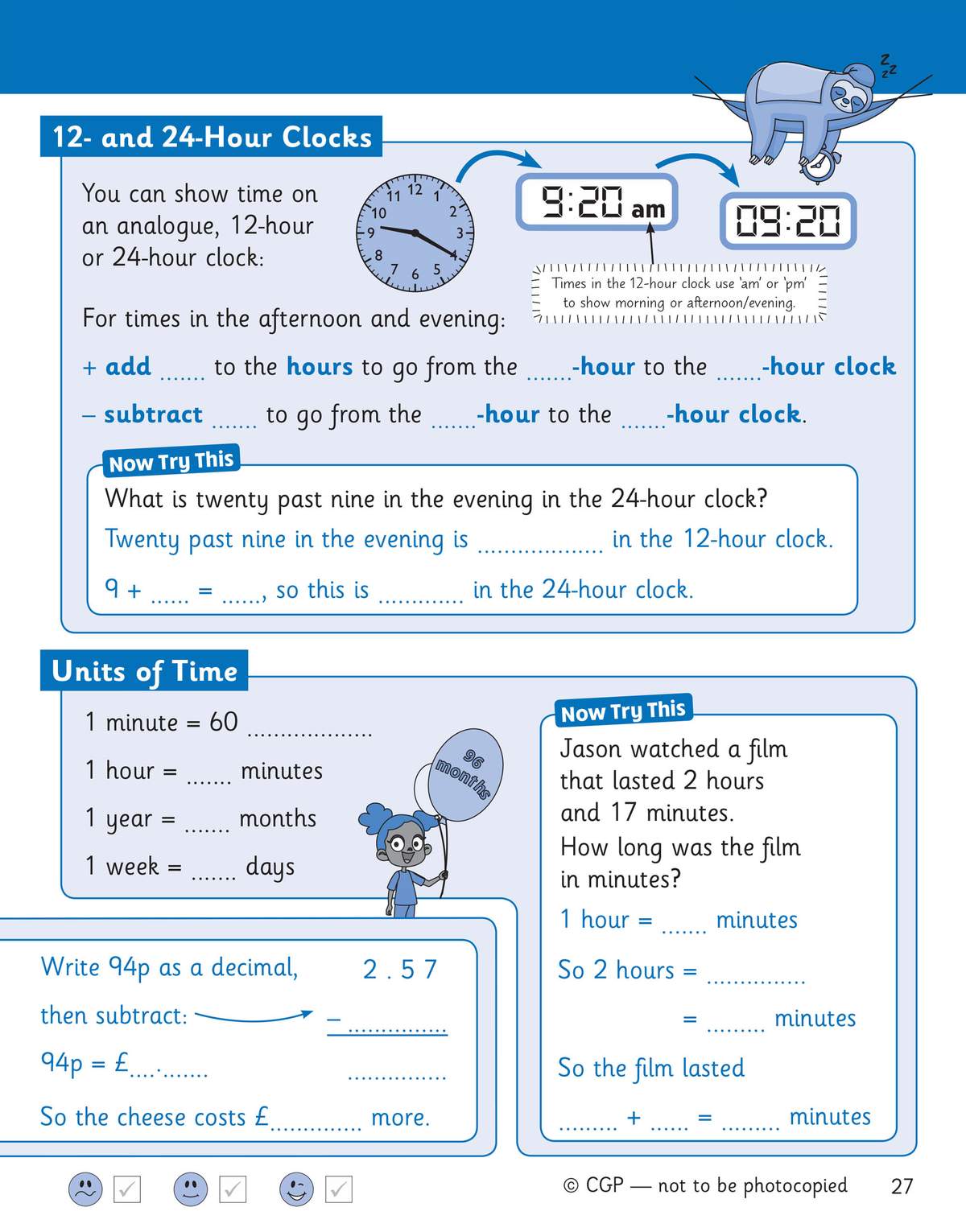 Children convert times between 12-hour and 24-hour clocks, calculate film durations in minutes, and convert pence to pounds