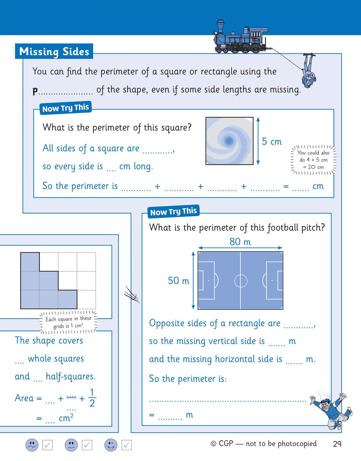 Children calculate the perimeter of a square and a football pitch, filling in missing side lengths and adding totals