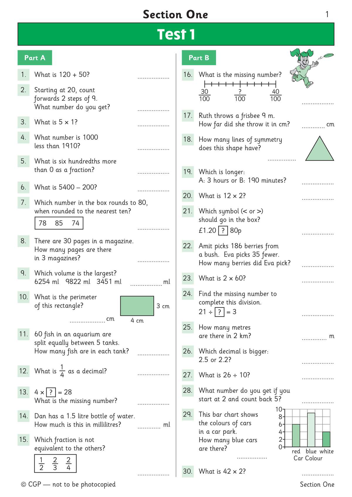 A 30-question mental maths test covering addition, subtraction, multiplication, division, fractions, decimals and conversions