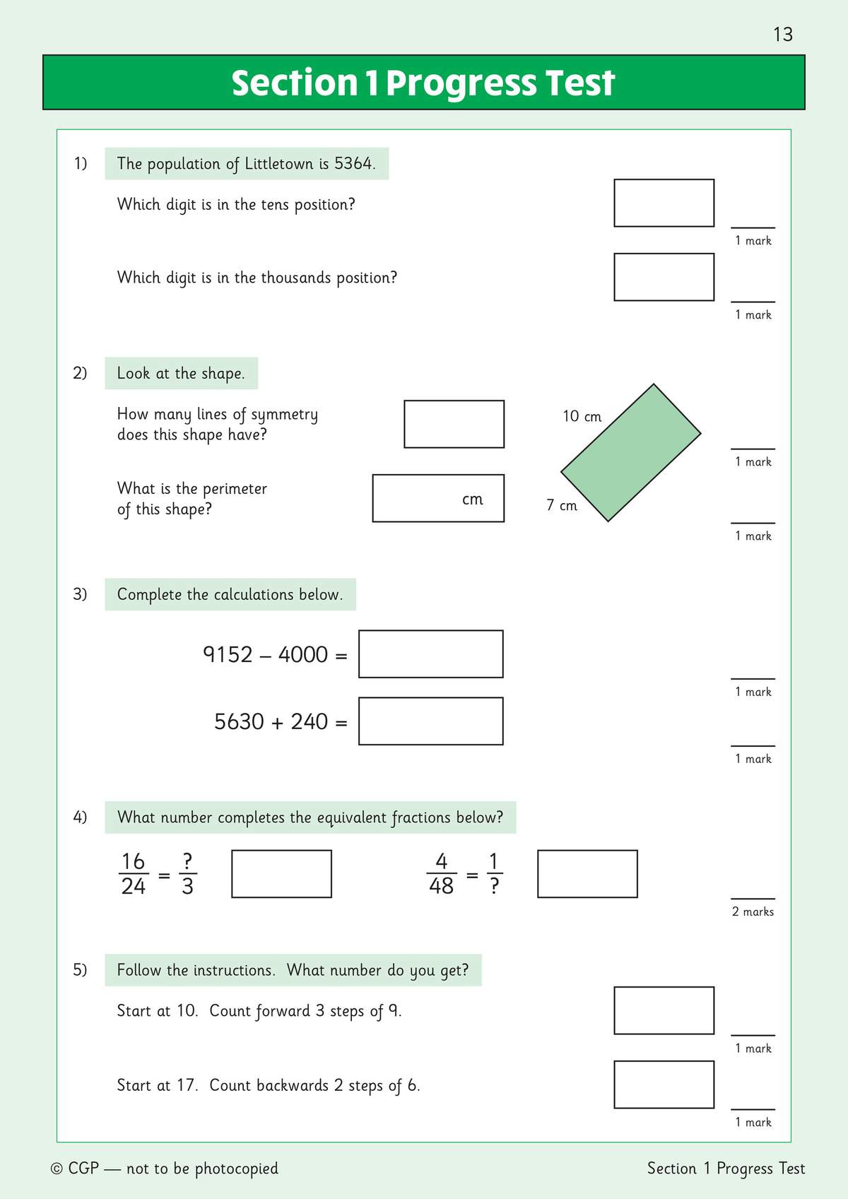 A progress test with five questions on place value, symmetry, perimeter, calculations and number patterns