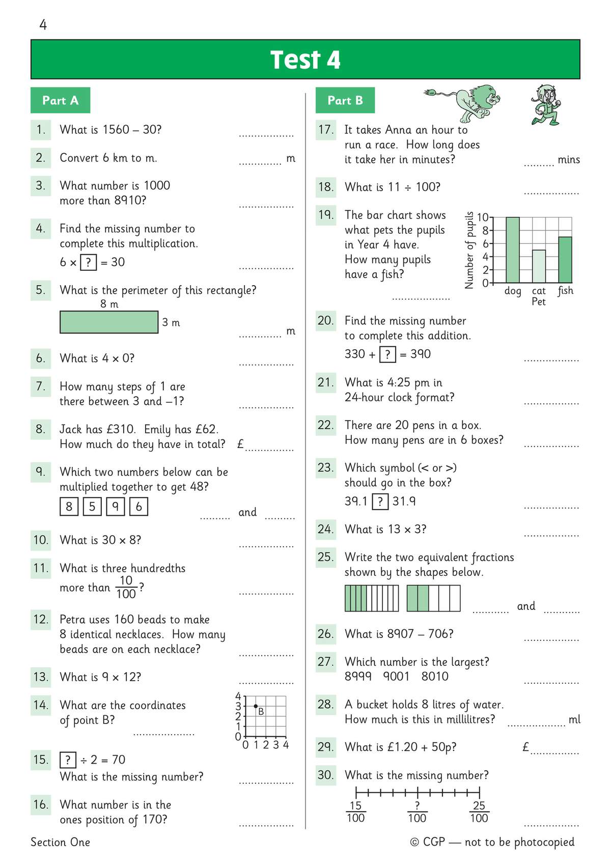 Test 4 with 30 questions covering mental arithmetic, conversions, and interpreting charts and graphs