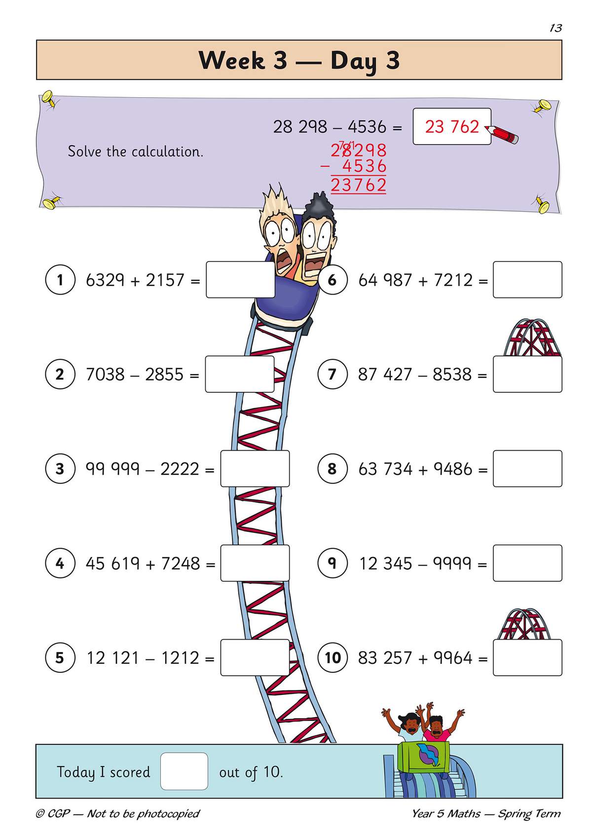 Ten four-digit addition and subtraction problems set on a rollercoaster theme, with a self-scoring box at the bottom